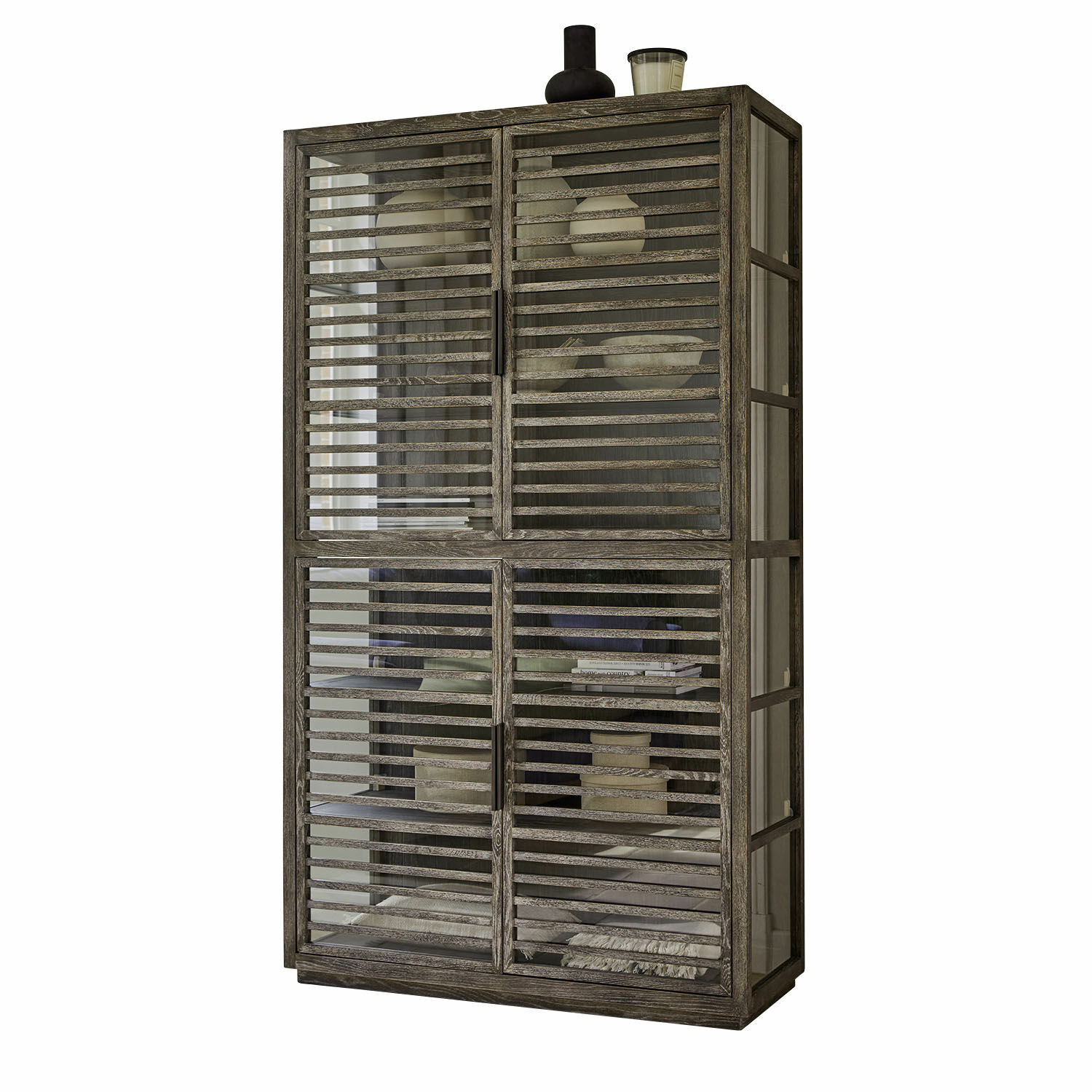 Schrank Trowbridge Grauer Holzvitrinenschrank mit Glasfront und horizontalen Lamellen, moderner Wohnzimmerschrank