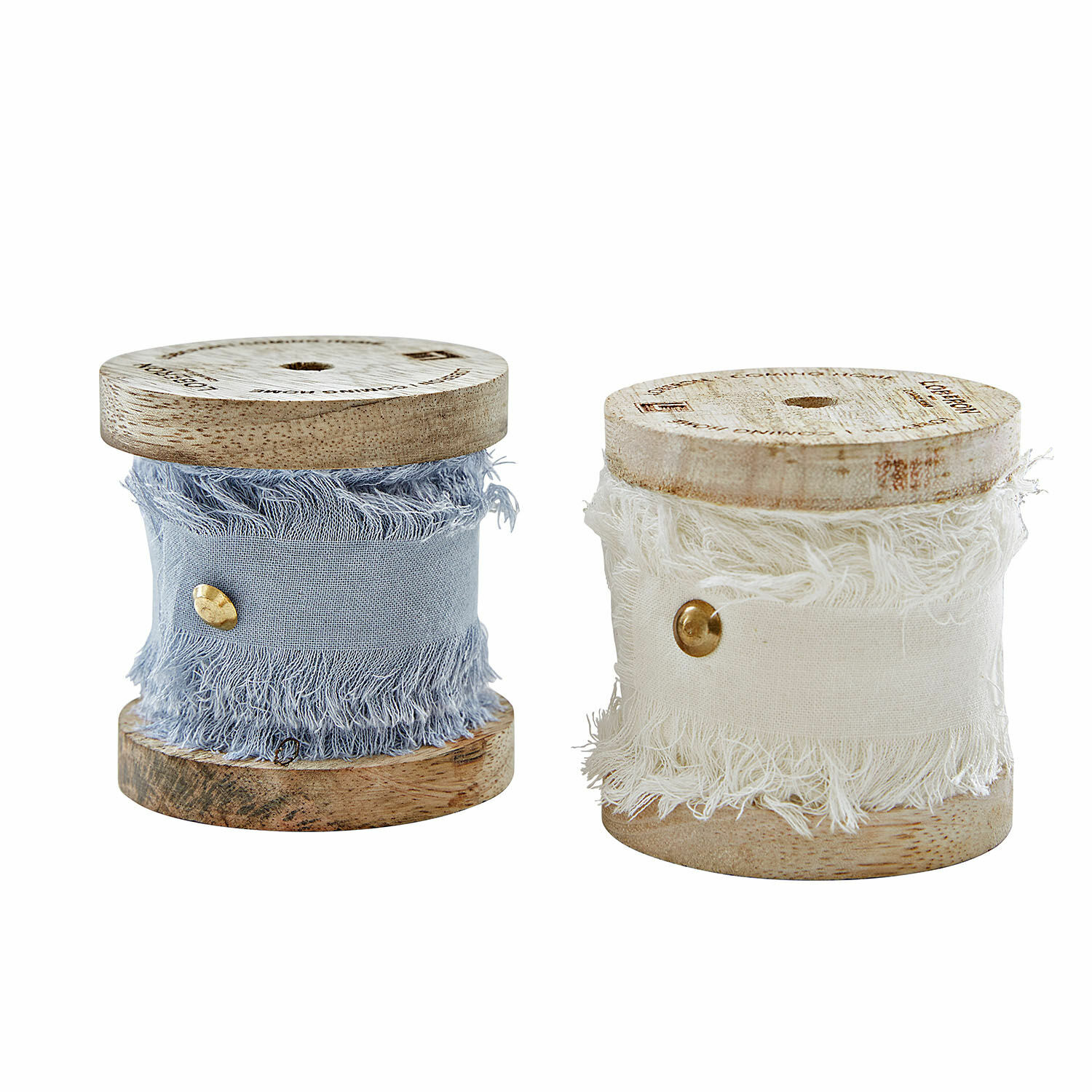 2er-Set Valethor Baumwollbänder in Blau und Creme auf rustikalen Holzspulen als Dekoration