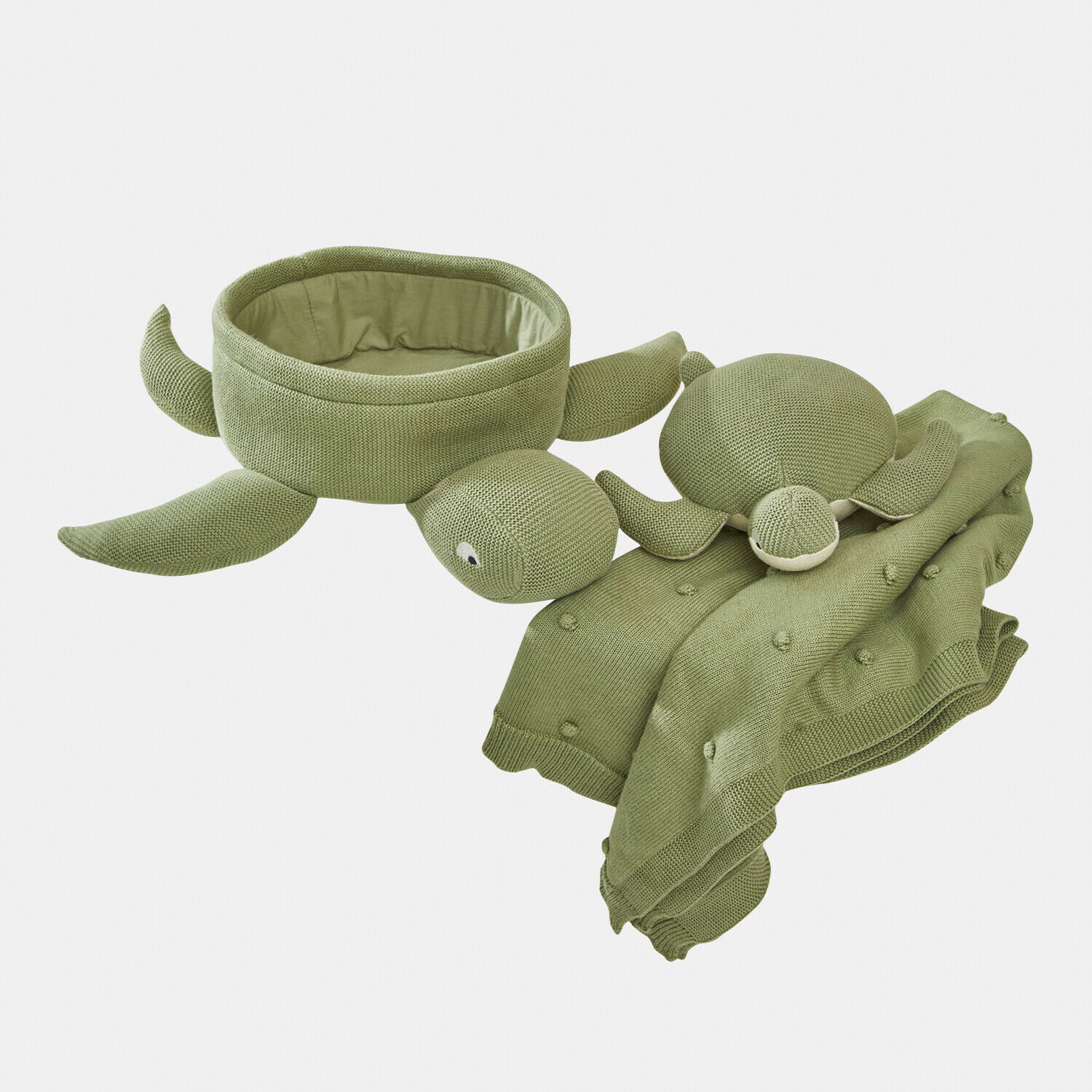 Grüner gestrickter Aufbewahrungsbehälter und Schildkrötenspielzeug aus weichem Material, Kinderzimmerdeko
