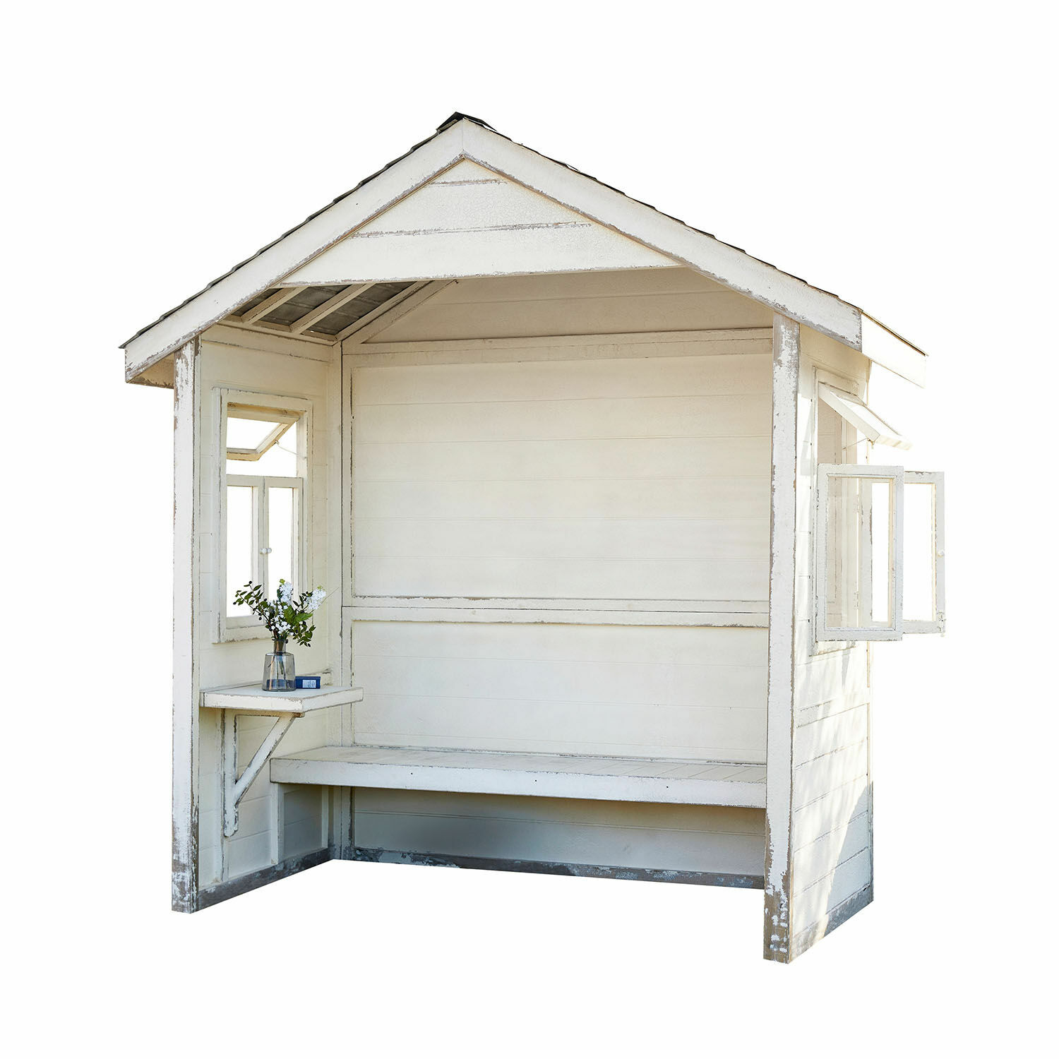 Gartenhaus Matoury Weisse Holz-Gartenlaube mit Bank und aufklappbaren Fenstern im rustikalen Stil