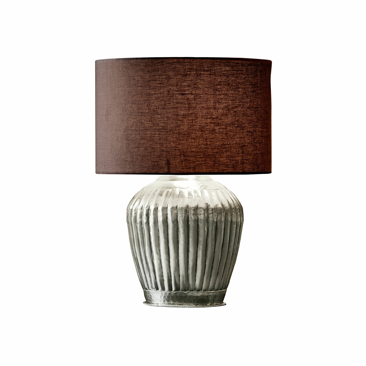 Tischlampe Fauville Tischlampe mit geriffelter silberner Metallbasis und braunem Stoffschirm