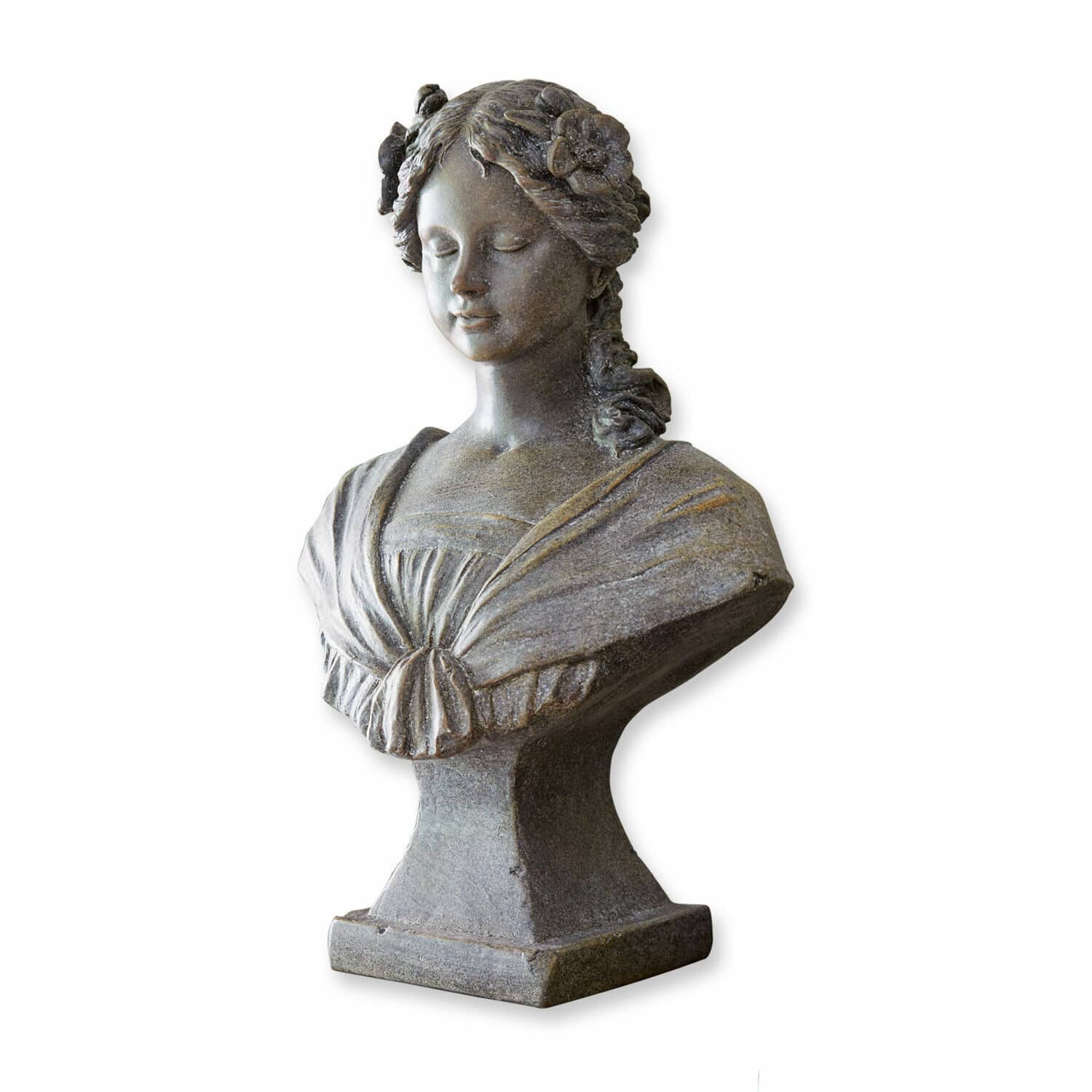 Büste Alexandra Klassische Damenbüste aus grauem Stein mit Blumen im Haar, dekorative Gartenfigur