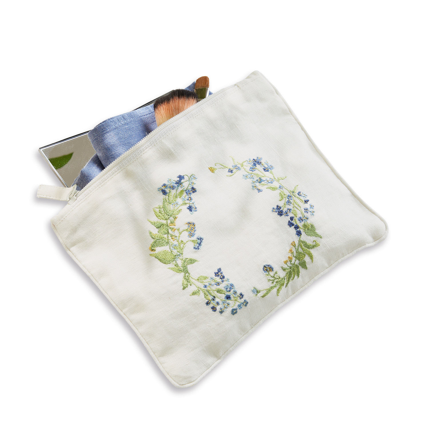 Täschchen Fierolla Weisse Kosmetiktasche aus Leinen mit Blumenstickerei, Pinsel und Spiegel innen