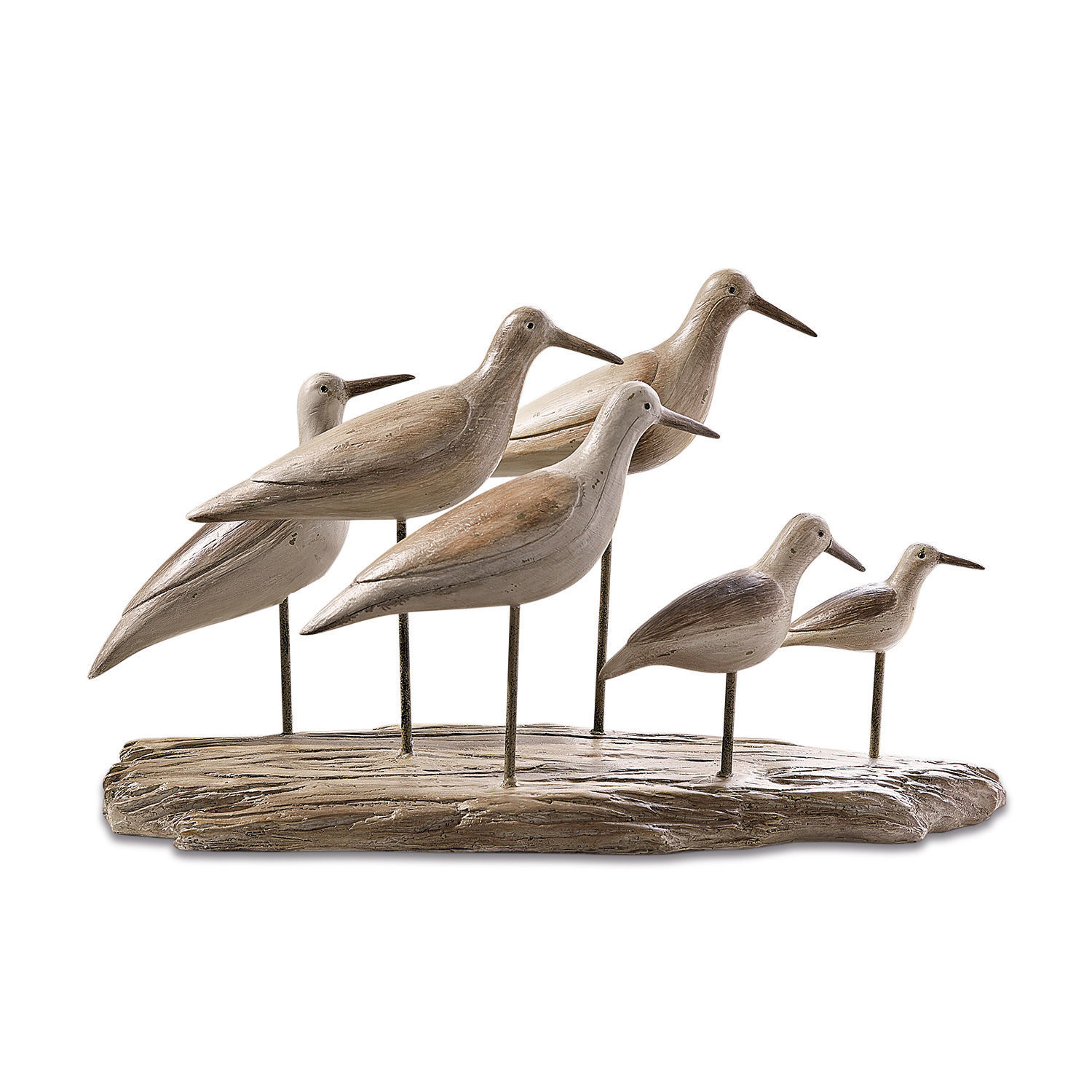Vögel Kontreo Holzdekoration mit sechs Vögeln in natürlichen Beige- und Brauntönen auf sockelähnlichem Holzfuß