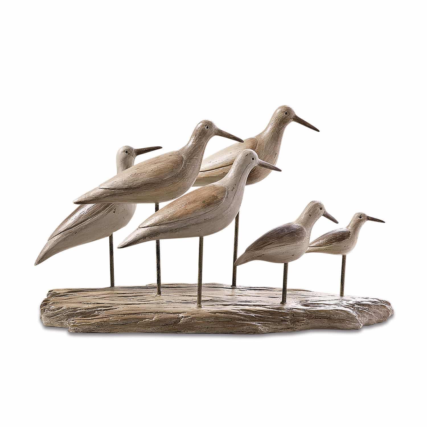 Vögel Kontreo Holzdekoration mit sechs Vögeln in natürlichen Beige- und Brauntönen auf sockelähnlichem Holzfuß