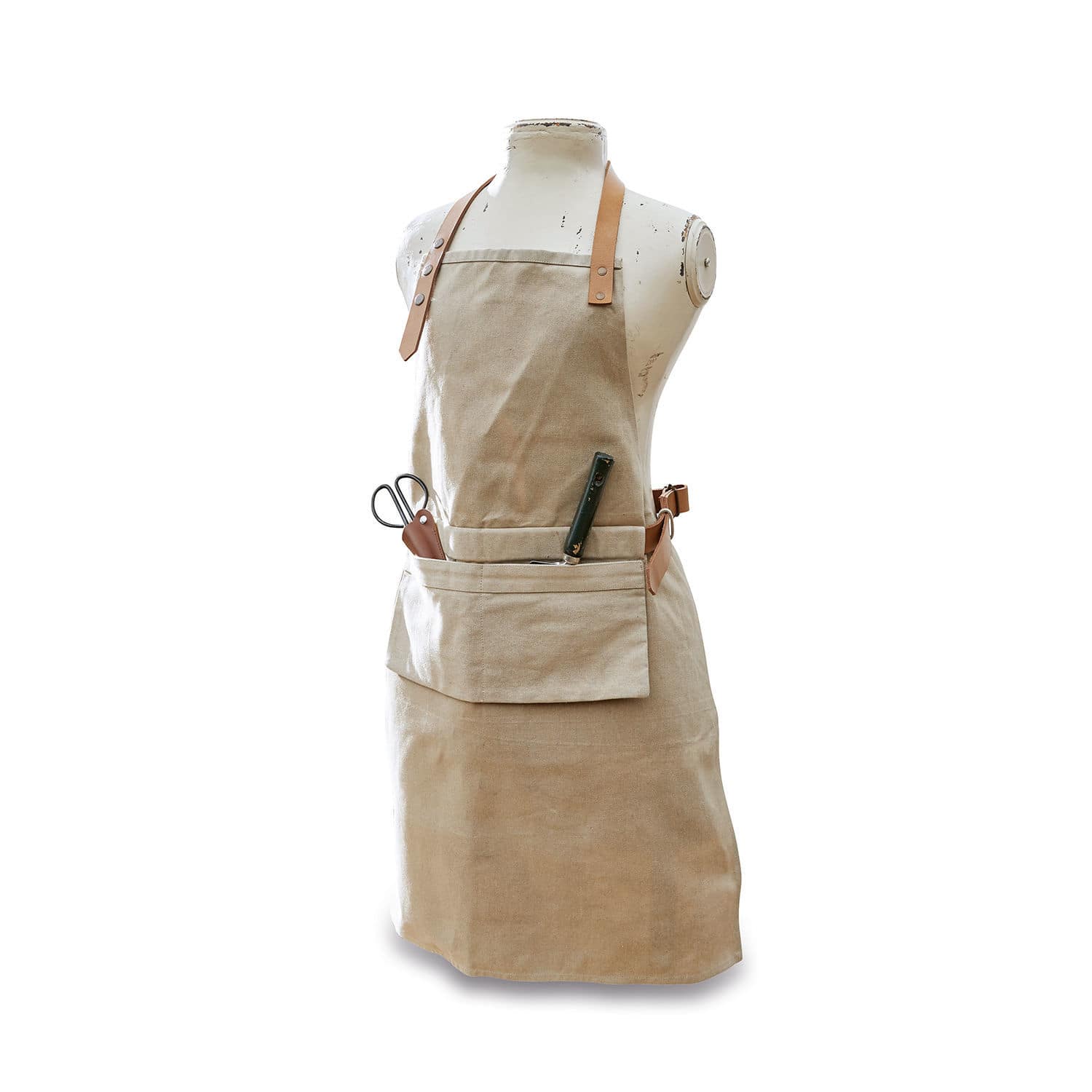 Schürze Garda Beige Baumwollschürze mit Tasche und Lederriemen, praktische Küchenschürze