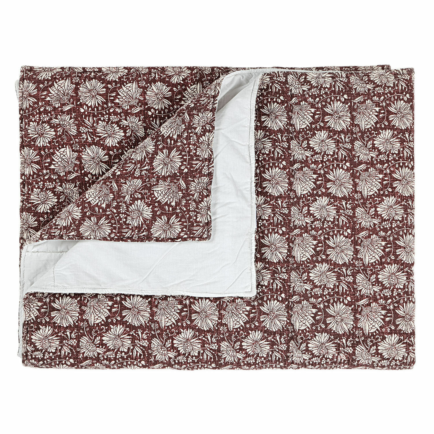 Plaid Soleique Wendbare Baumwollbettdecke mit bordeauxrotem Blumenmuster und weisser Rückseite, dekorativ