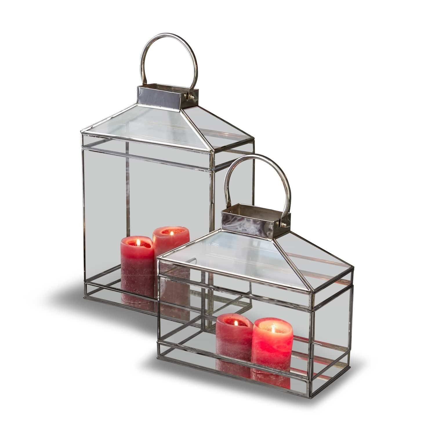 Laterne 2er Set Francesca Set aus zwei Laternen aus Metall und Glas mit roten Kerzen für Wohn- und Gartendekoration