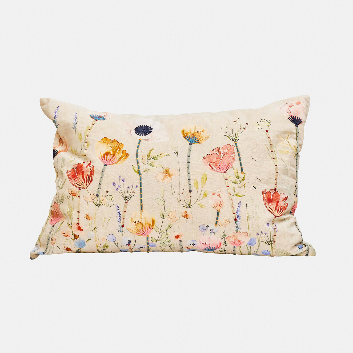Kissenhülle Cadrinela Rechteckiges Baumwollkissen in Creme mit buntem Blumenmuster für Wohnraumdekoration