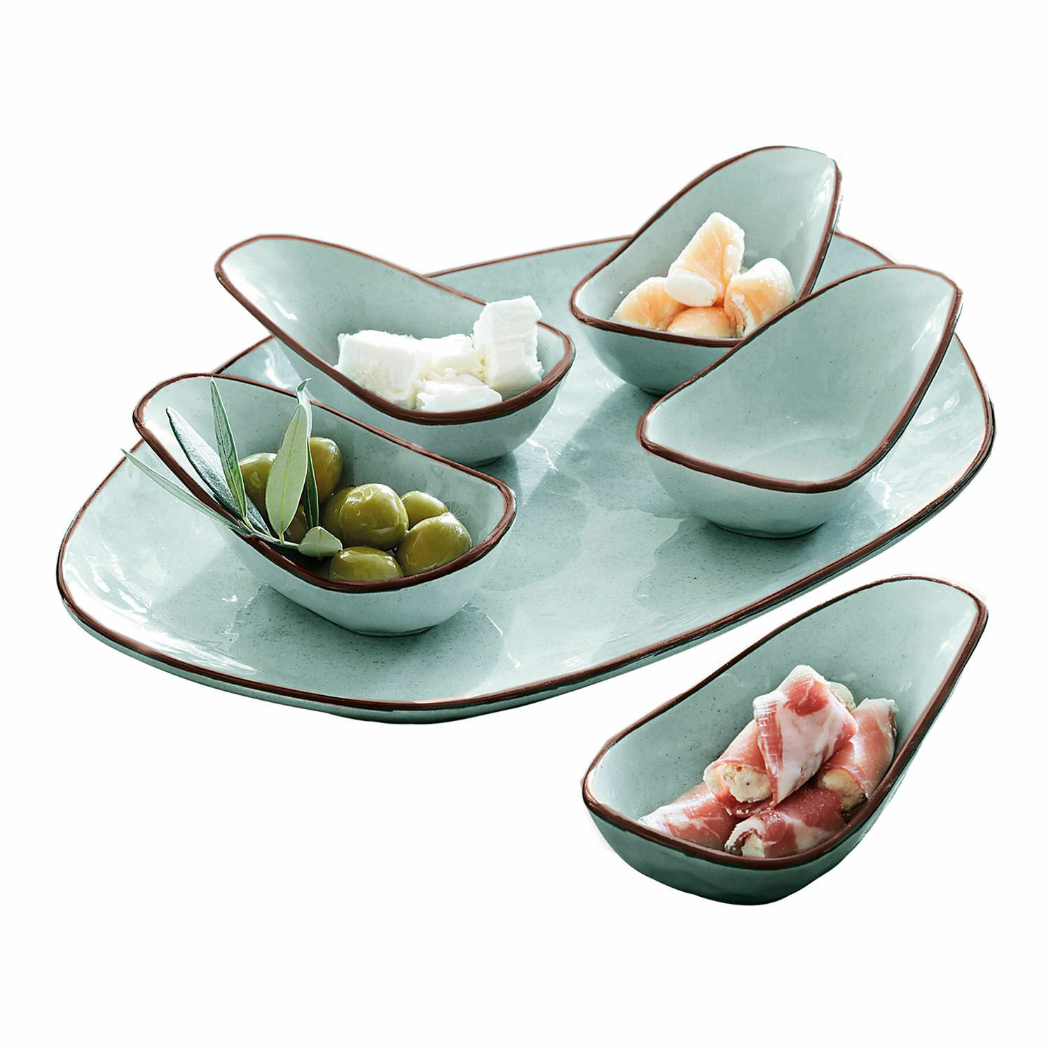 Servierschälchen 6er Set Biarré Set aus mintgrünen Keramikschalen und Tellern mit braunem Rand zum Servieren von Snacks