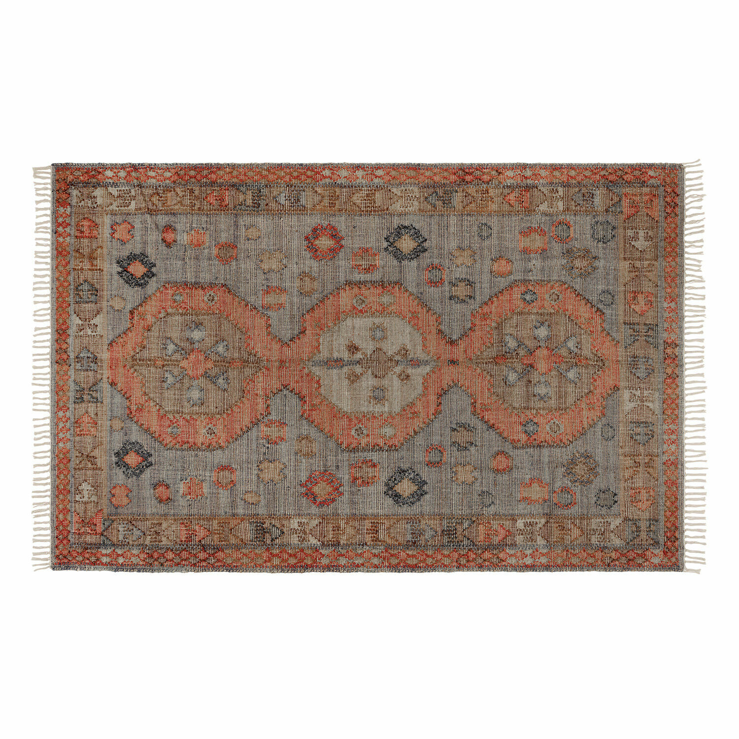 Teppich Exeter Vintage-Baumwollteppich in Grau und Orange mit Fransen, dekoratives Wohnaccessoire