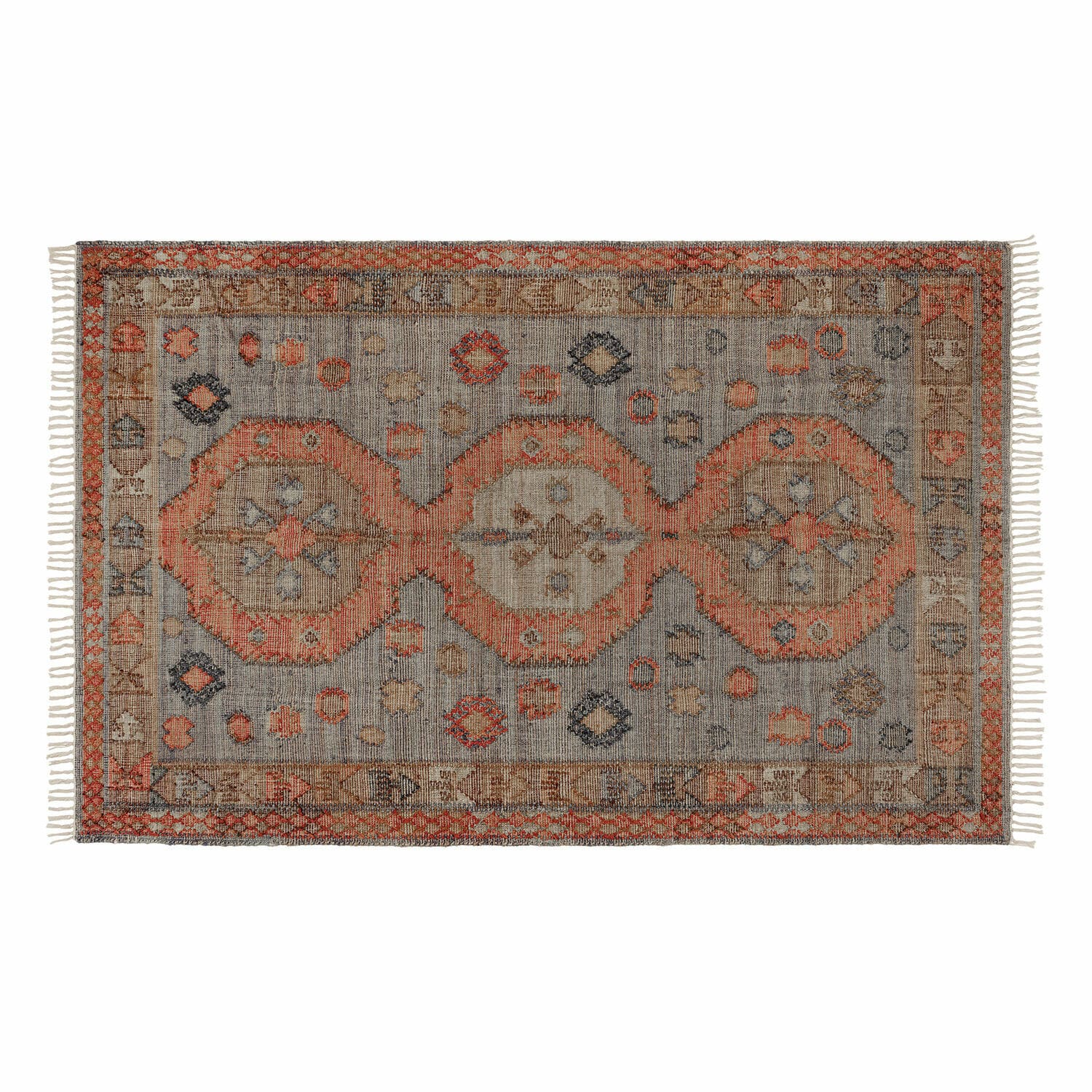 Teppich Exeter Vintage-Baumwollteppich in Grau und Orange mit Fransen, dekoratives Wohnaccessoire