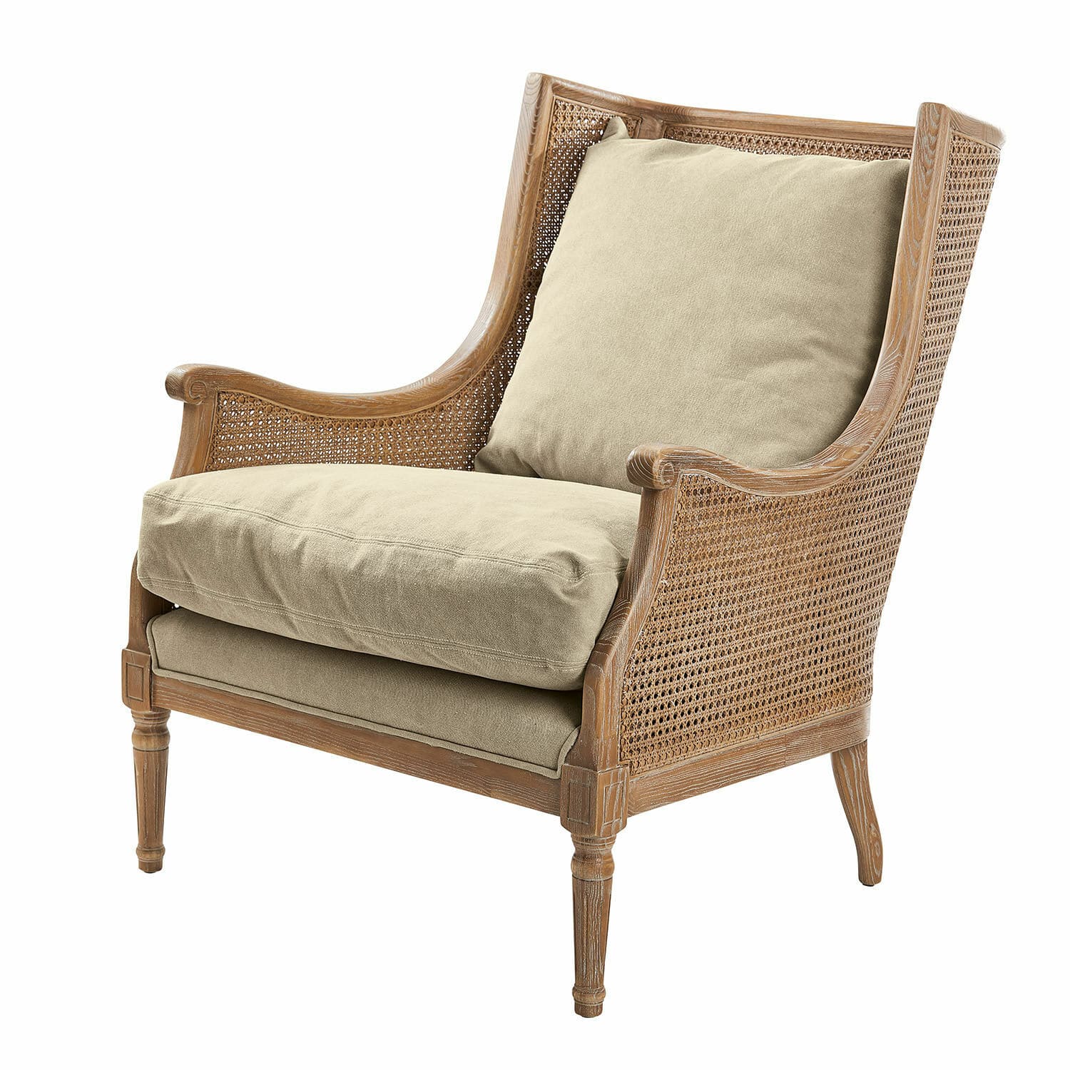 Sessel Greenbrier Vintage-Sessel aus Holz und Geflecht mit beigen Kissen, bequemer Polstersessel für das Wohnzimmer