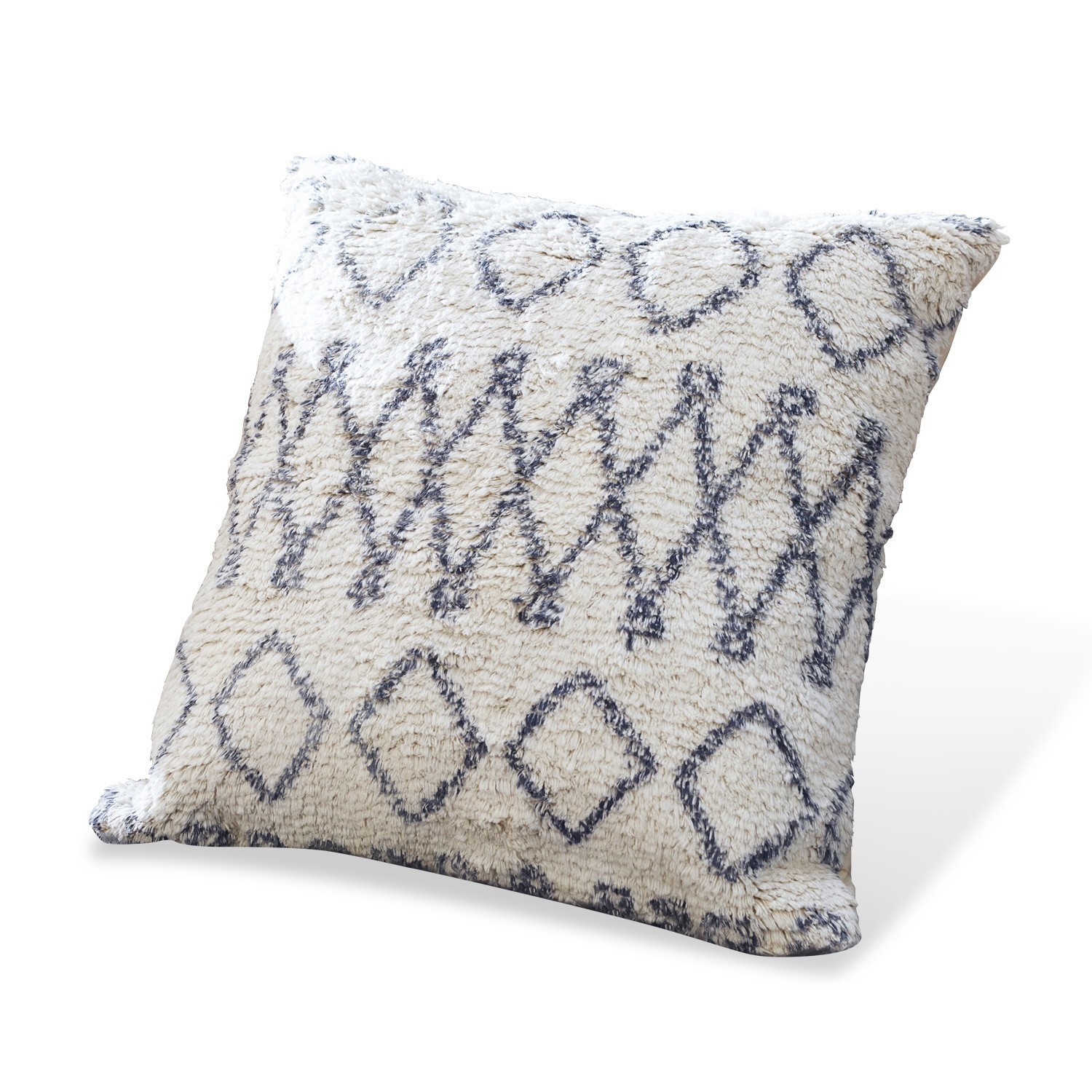 Quadratisches Dekokissen aus weichem Material in Creme mit schwarzem geometrischem Muster