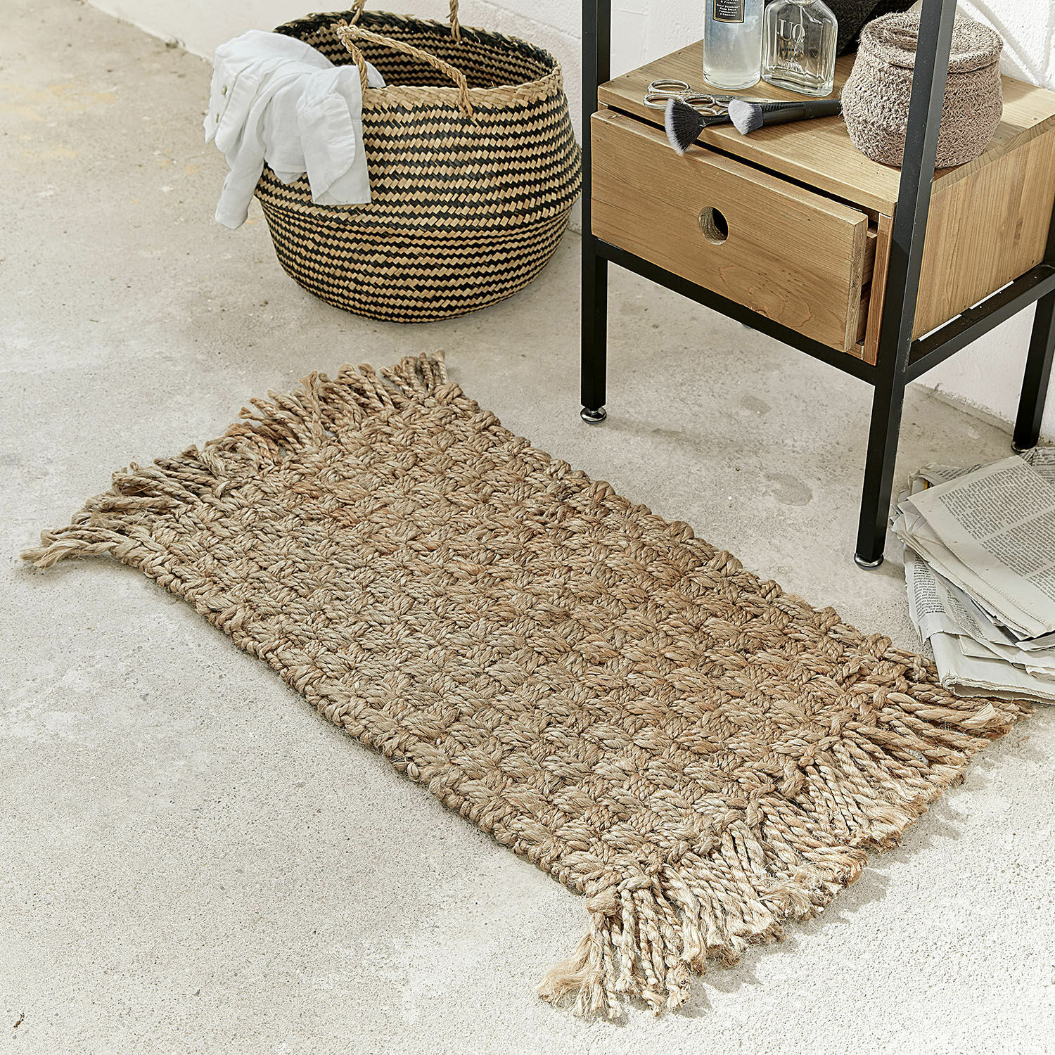 Fussmatte Moody Handgewebter Teppich aus natürlicher Jute mit Fransen, Dekoration für Boden und Raum