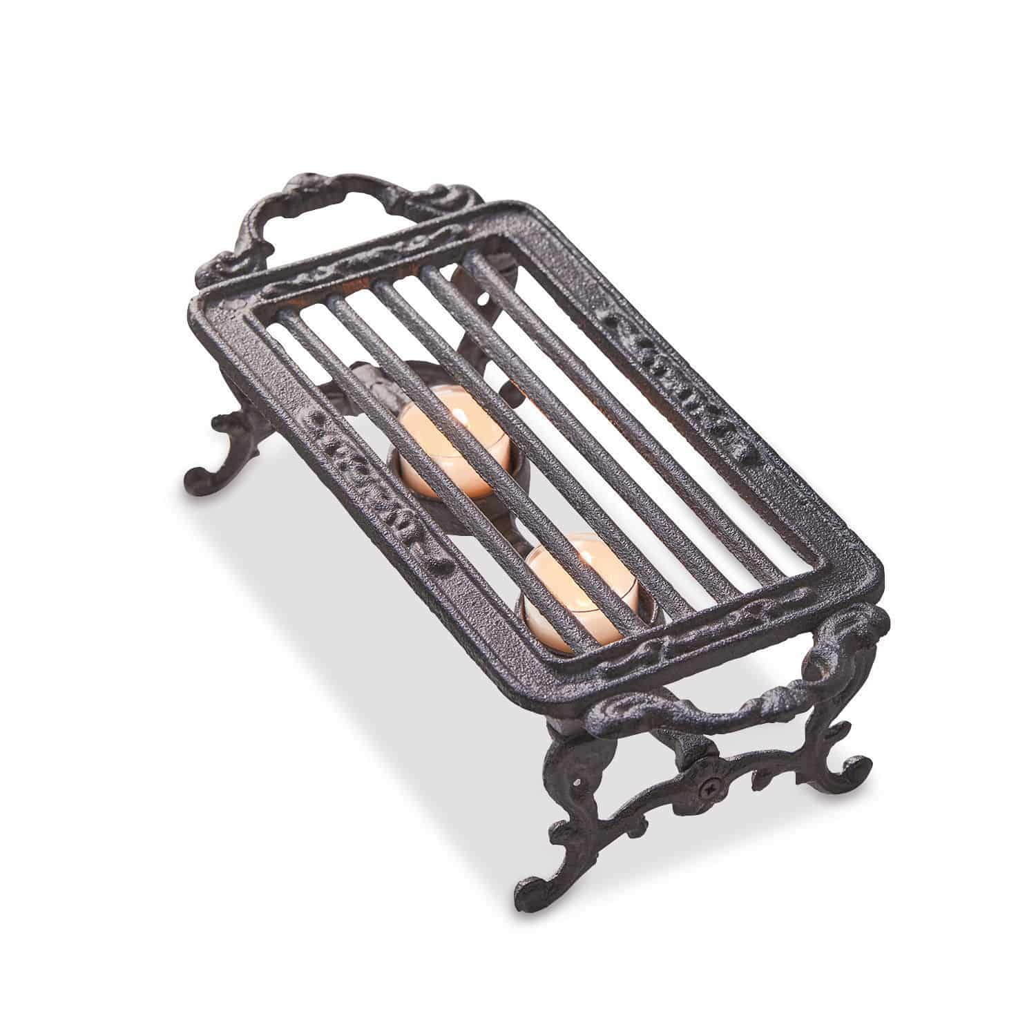 Stövchen Raimond Schwarzer Metallkerzenhalter mit zwei Kerzen, dekorativ verzierter Ständer für Innenräume