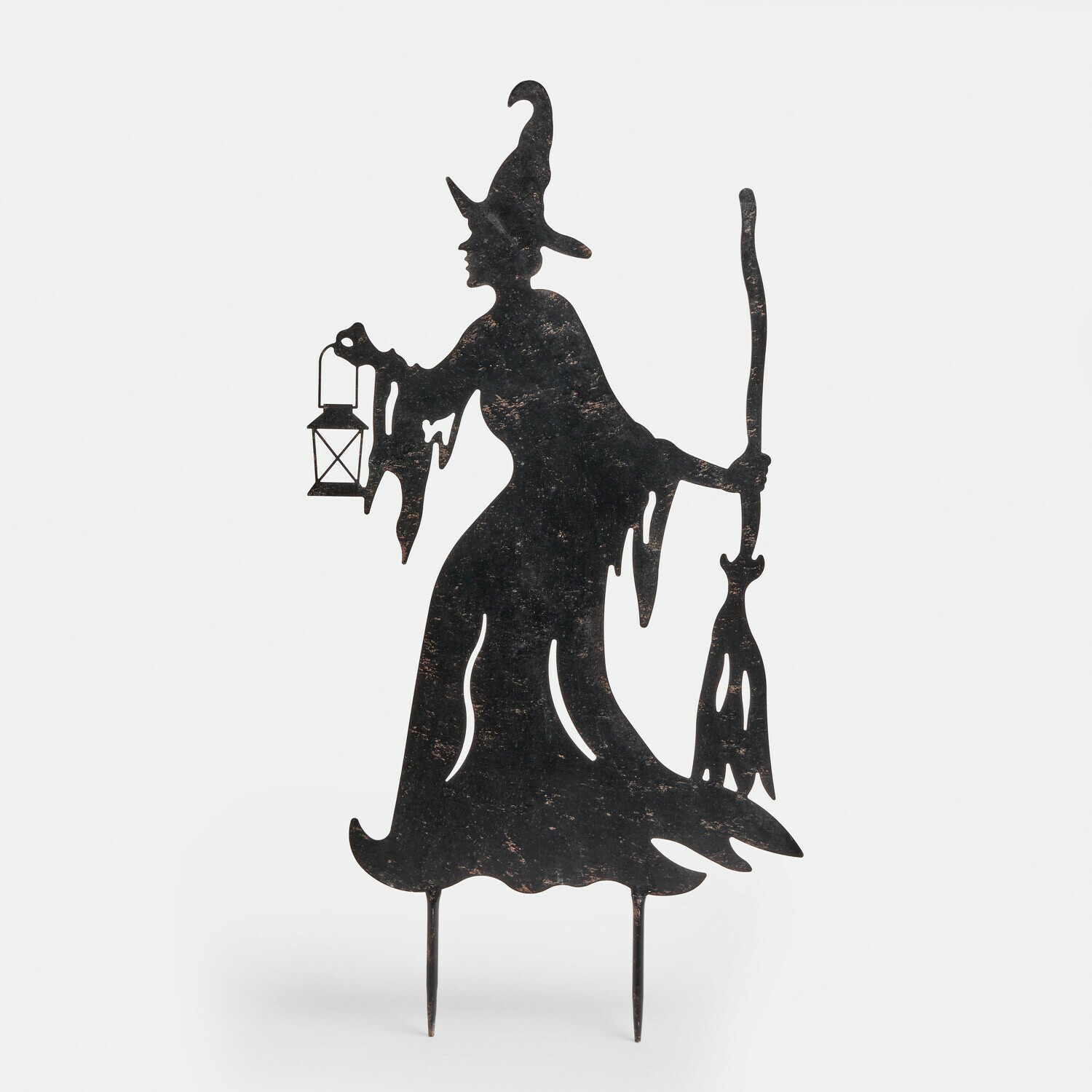 Gartenstab Talmora Schwarze Metall-Gartendekoration als Hexe mit Laterne und Besen für Halloween