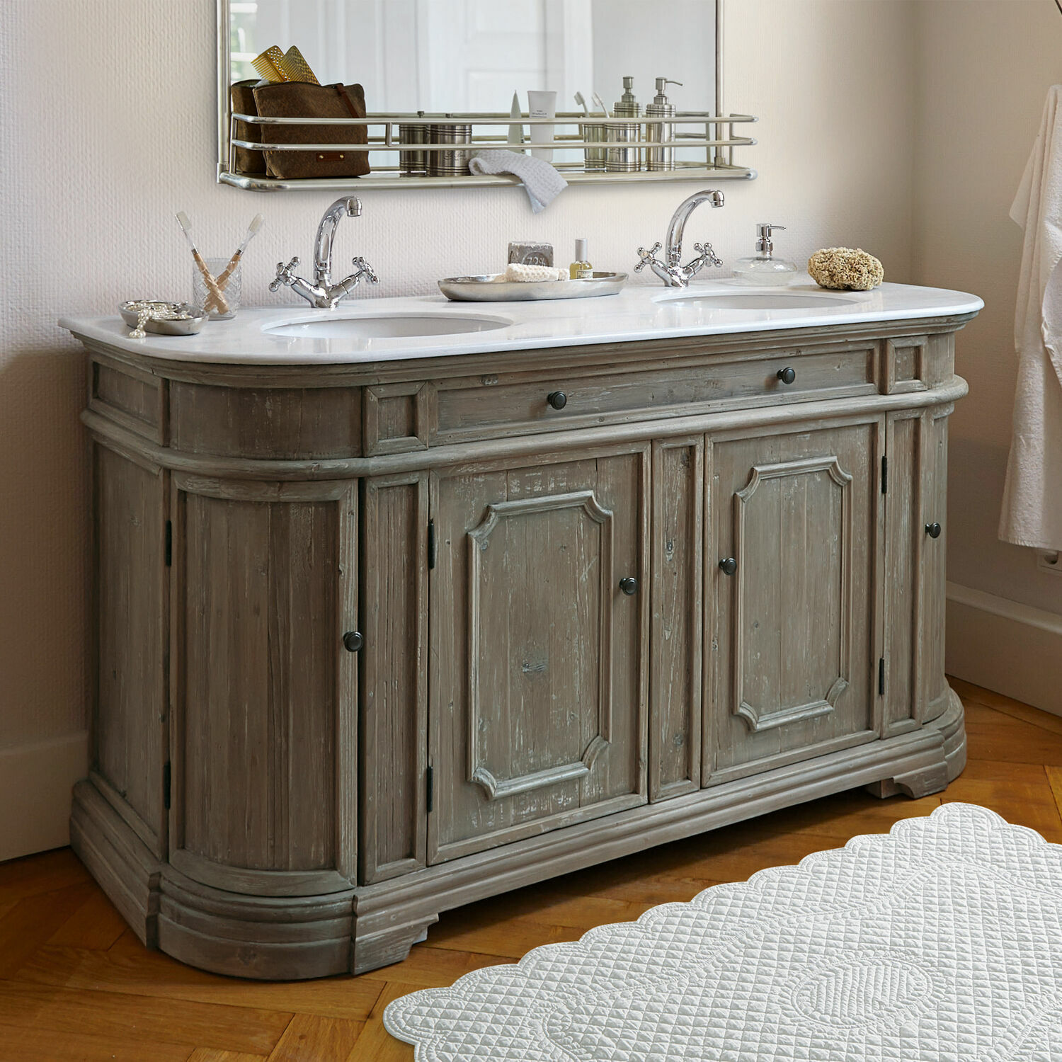 Doppelwaschtisch Pembroke Vintage-Badezimmermöbel aus Holz mit weisser Marmorplatte und Doppelwaschbecken