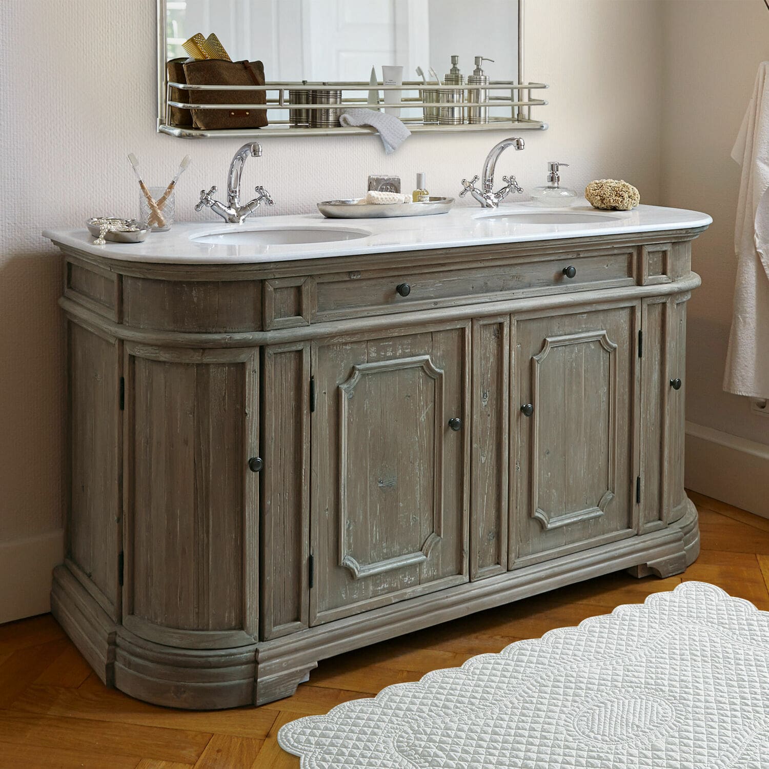 Doppelwaschtisch Pembroke Vintage-Badezimmermöbel aus Holz mit weisser Marmorplatte und Doppelwaschbecken