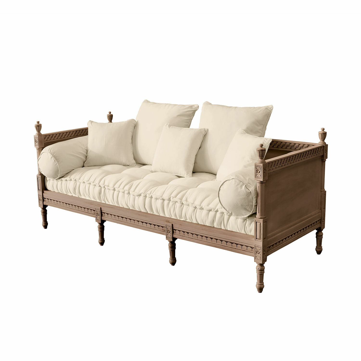 Sofa Douville Klassisches Sofa mit Holzrahmen und cremefarbenen Kissen für das Wohnzimmer