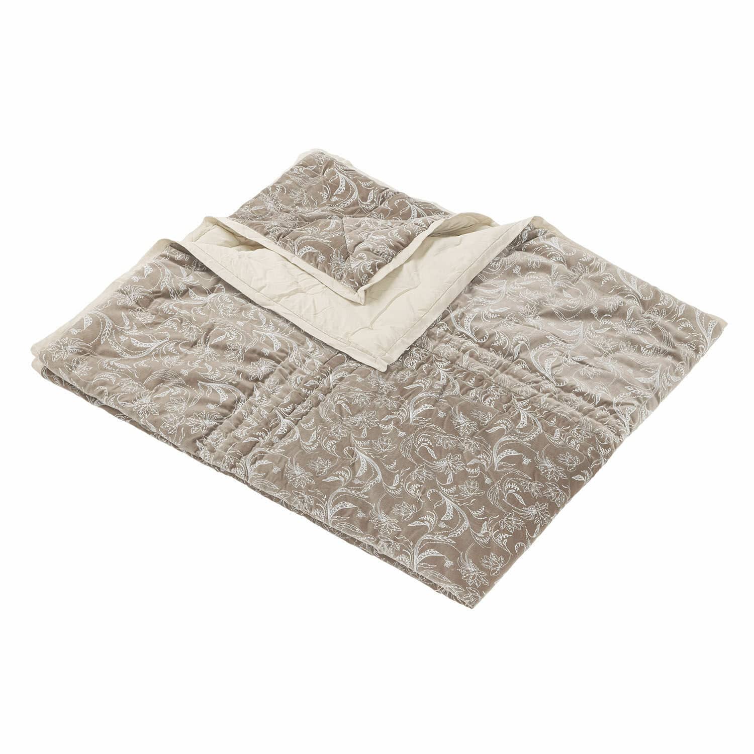 Quilt Olicianne Beige gesteppte Tagesdecke mit weissem Blumenmuster und einfarbiger Rückseite, weiches Material