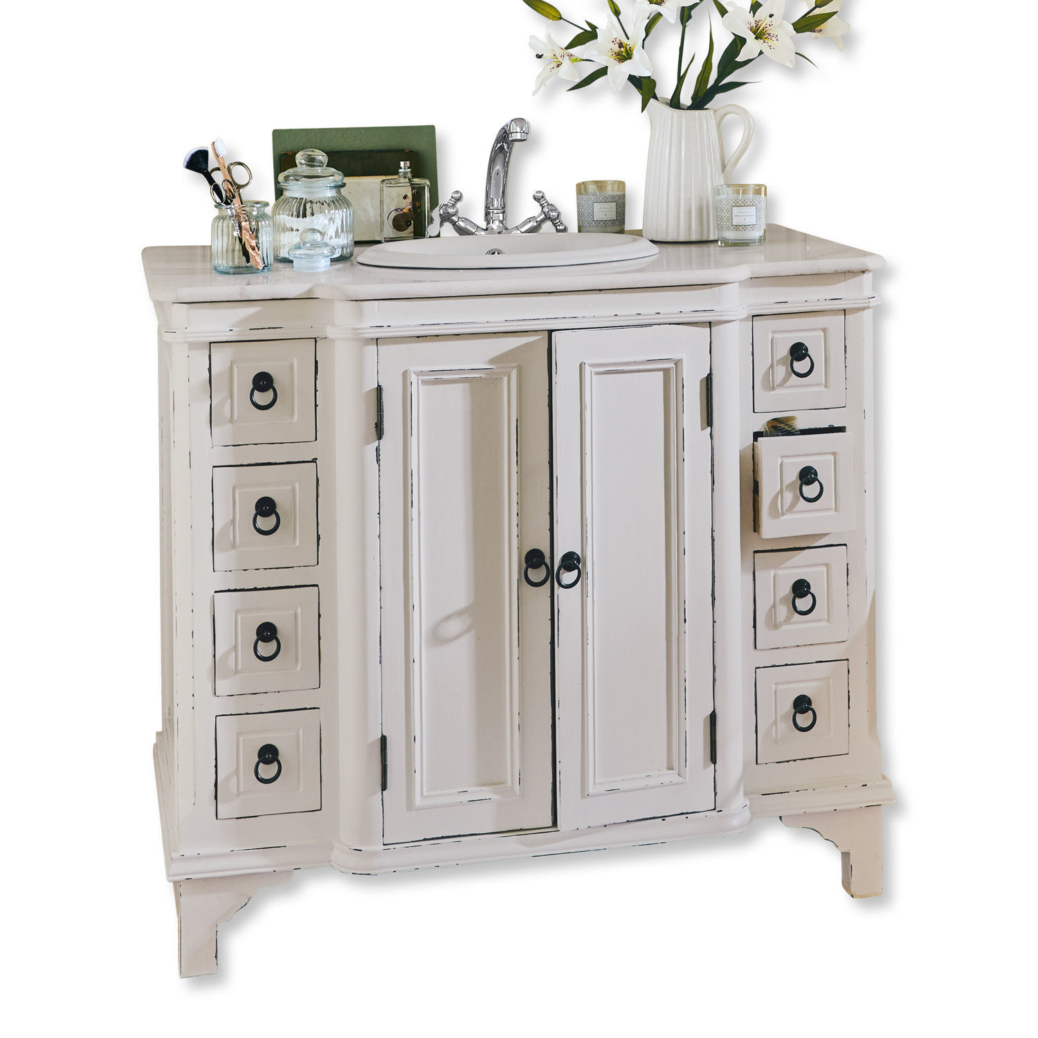 Waschtisch Sunderland Weisse Holz-Badezimmerkommode mit Waschbecken und Metallgriffen im Vintage-Stil