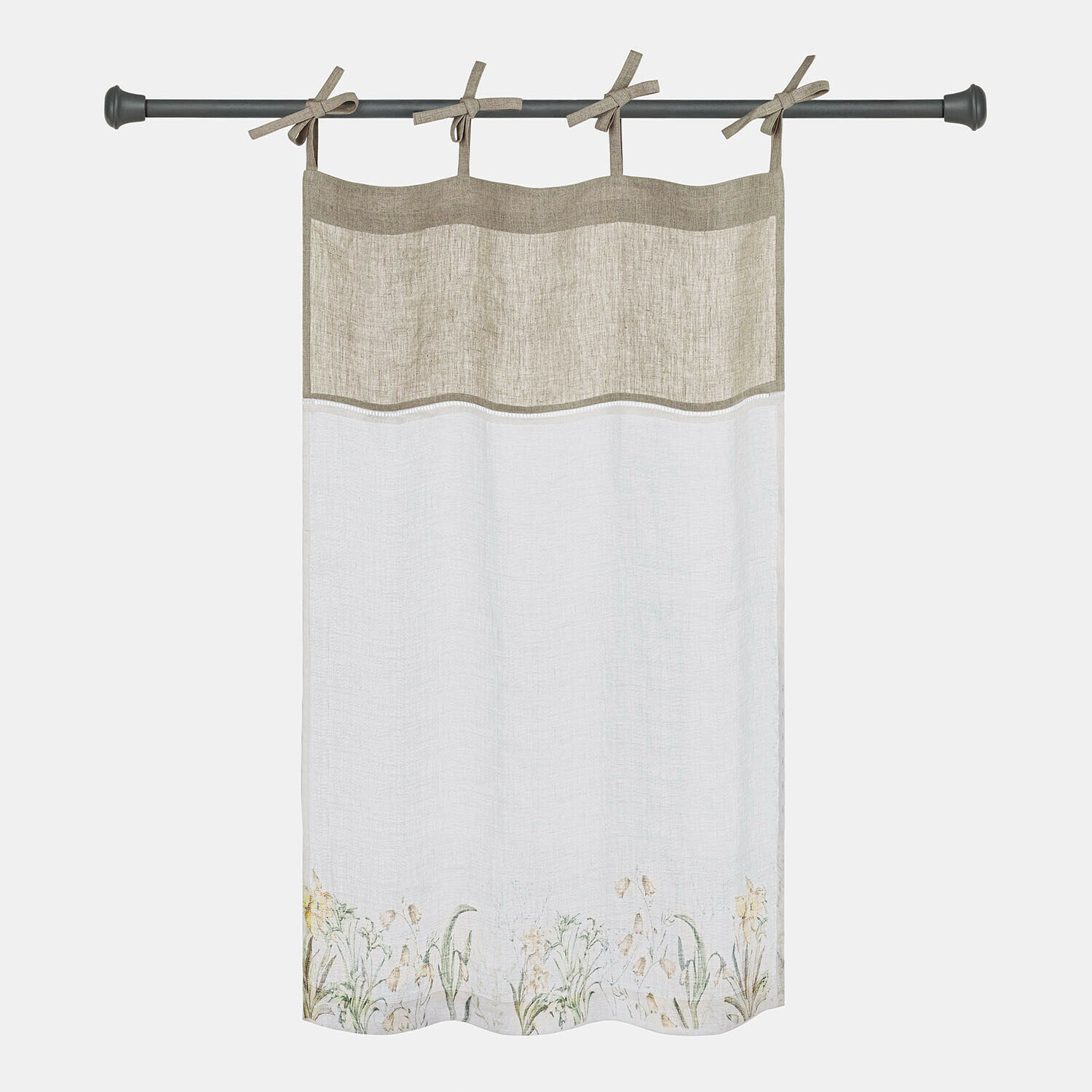 Scheibengardine Lozere Leinenvorhang in Beige und Weiss mit Blumenmuster am Saum und gebundenen Schlaufen
