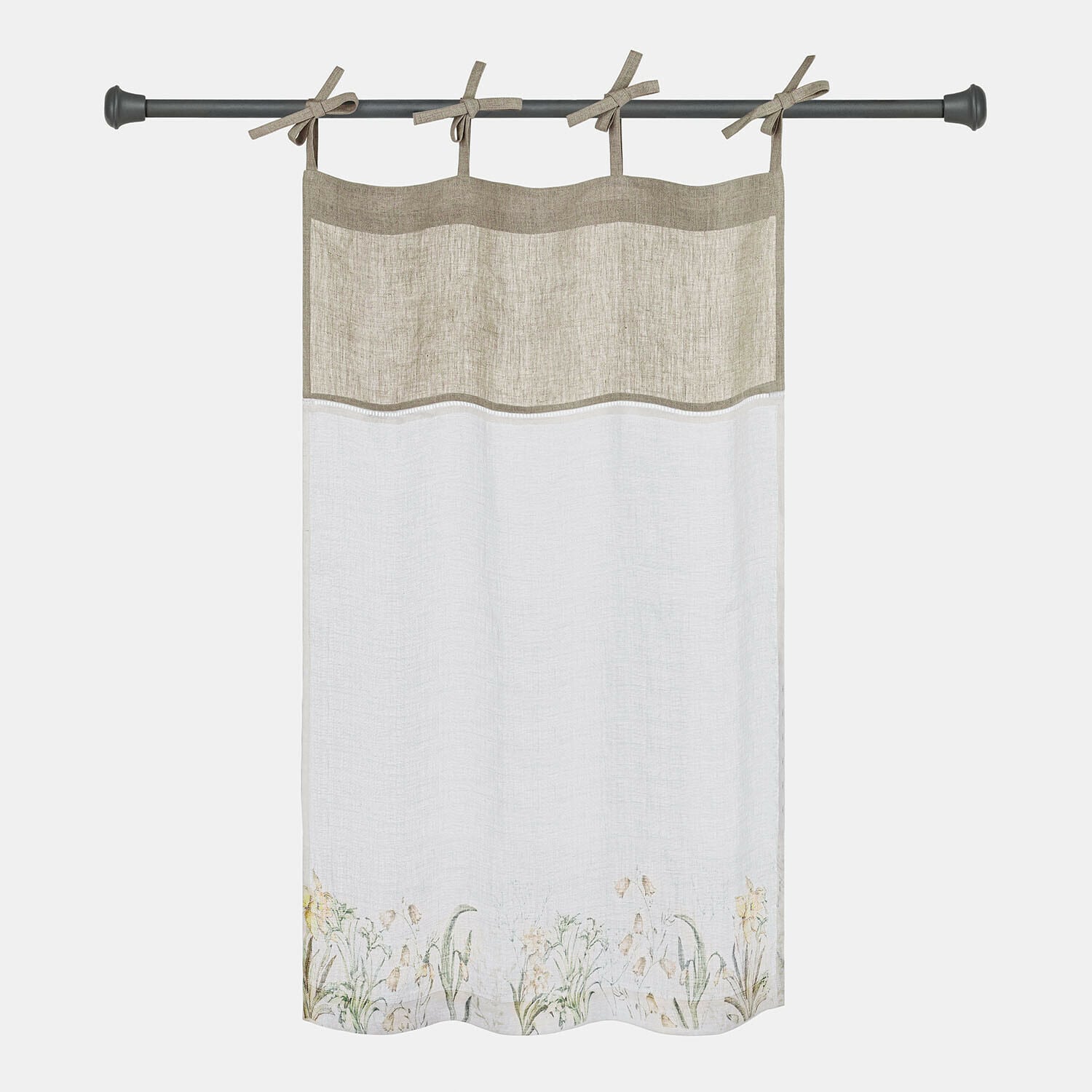 Scheibengardine Lozere Leinenvorhang in Beige und Weiss mit Blumenmuster am Saum und gebundenen Schlaufen
