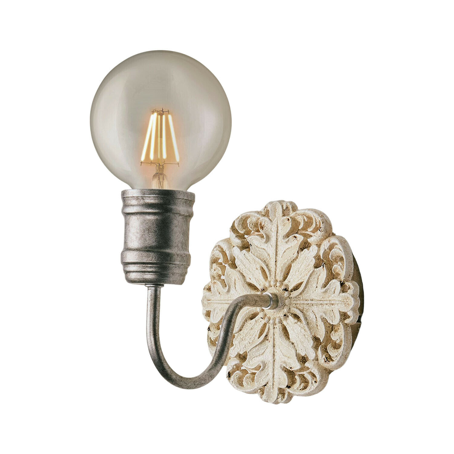 Wandlampe Rosavelle Wandleuchte mit Metallarm und dekorativer weisser Vintage-Basis mit LED-Glühbirne