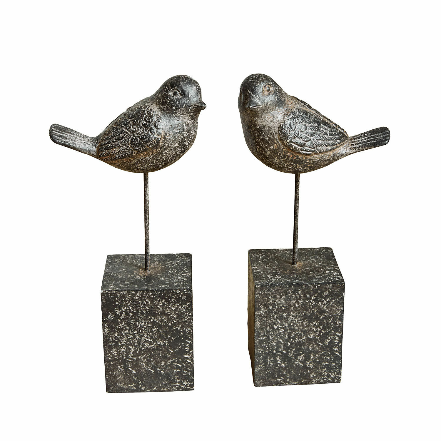 Deko-Vogel 2er Set Juxivel Dekorative Vögel aus Metall auf dunklen Steinsockeln als stilvolle Wohnaccessoires
