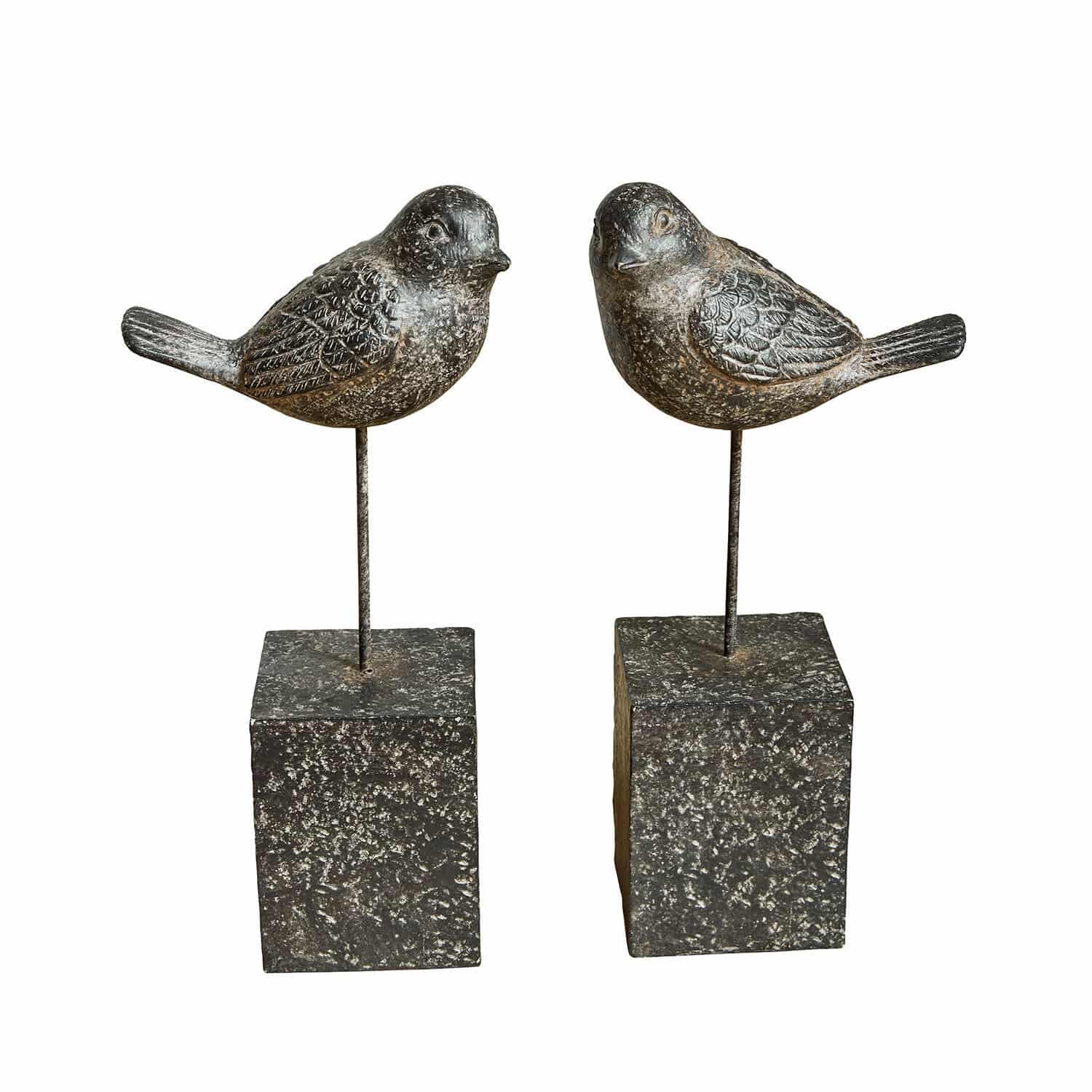 Deko-Vogel 2er Set Juxivel Dekorative Vögel aus Metall auf dunklen Steinsockeln als stilvolle Wohnaccessoires