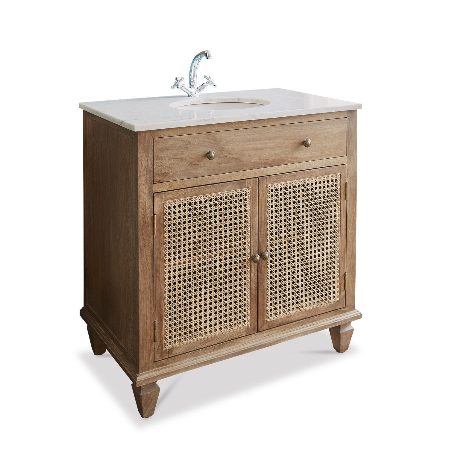 Waschtisch Emyl Badezimmermöbel aus Holz und Rattan mit weisser Marmorplatte und verchromtem Wasserhahn