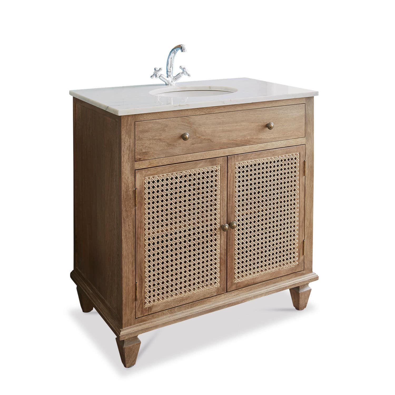 Waschtisch Emyl Badezimmermöbel aus Holz und Rattan mit weisser Marmorplatte und verchromtem Wasserhahn