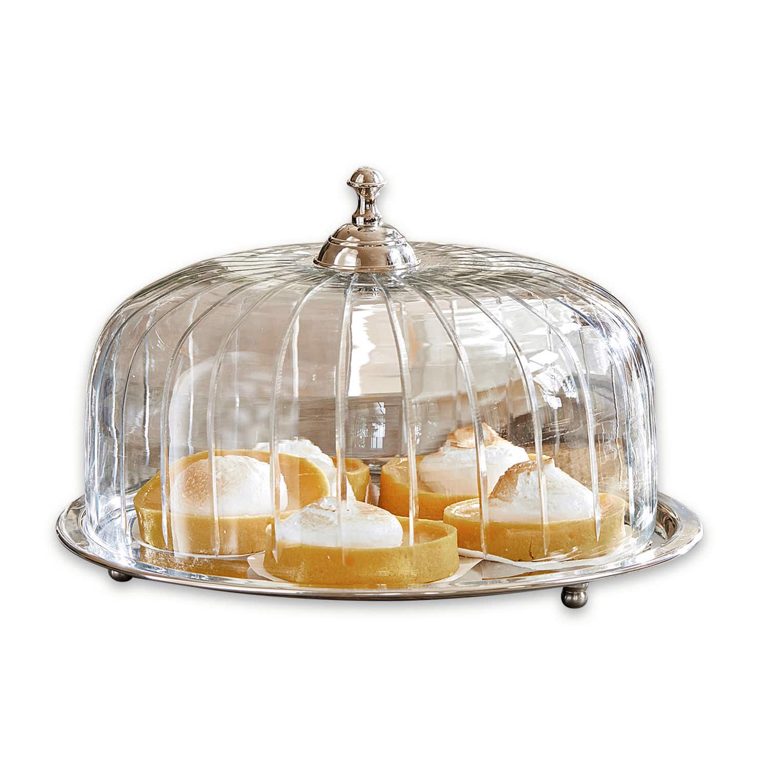 Kuchenglocke Allaire Glasglocke mit silbernem Metalltablett zum Frischhalten von Kuchen und Gebäck in der Küche