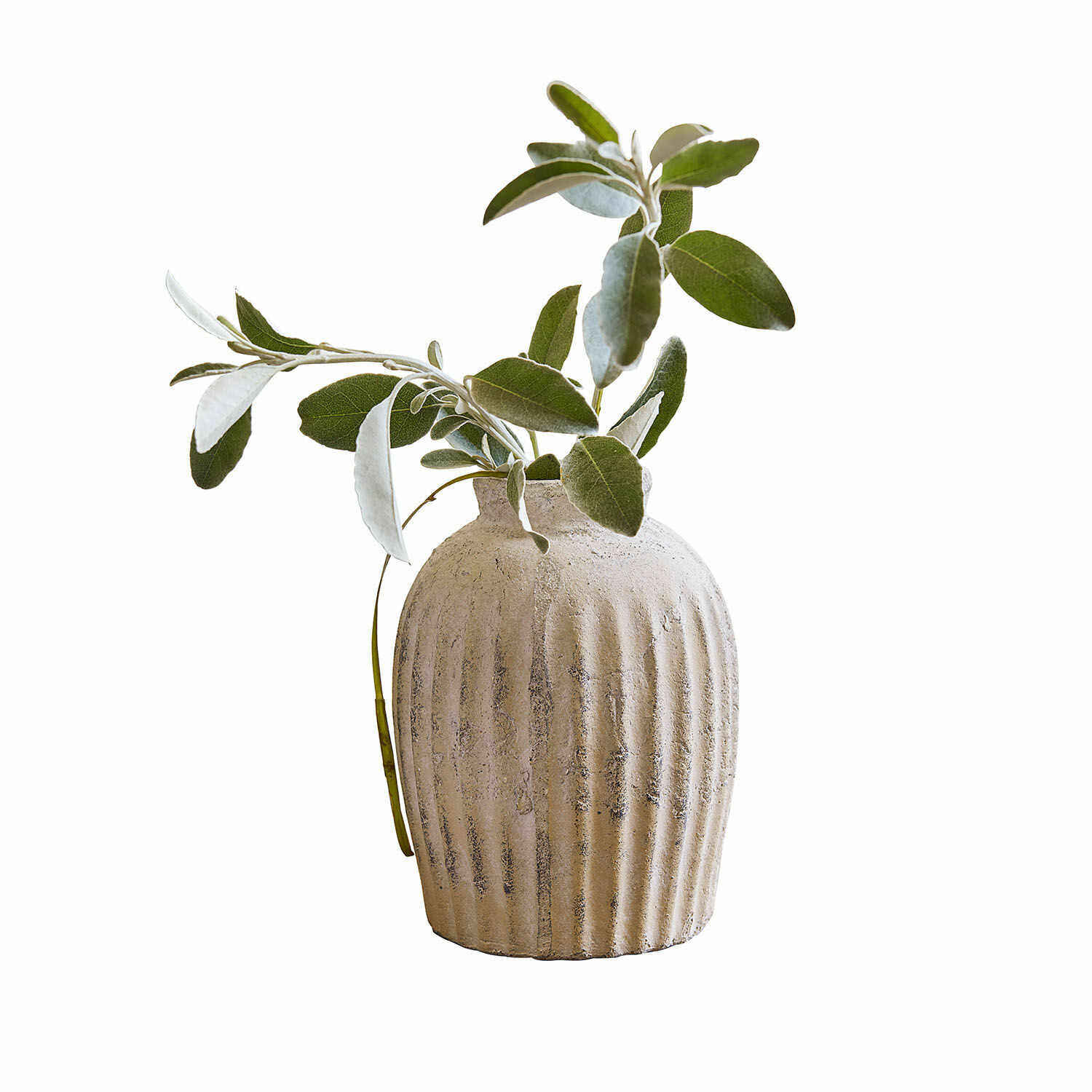 Vase Melissa Beige Keramikvase mit Rillen und grünen Blättern, natürliche Wohnraumdekoration
