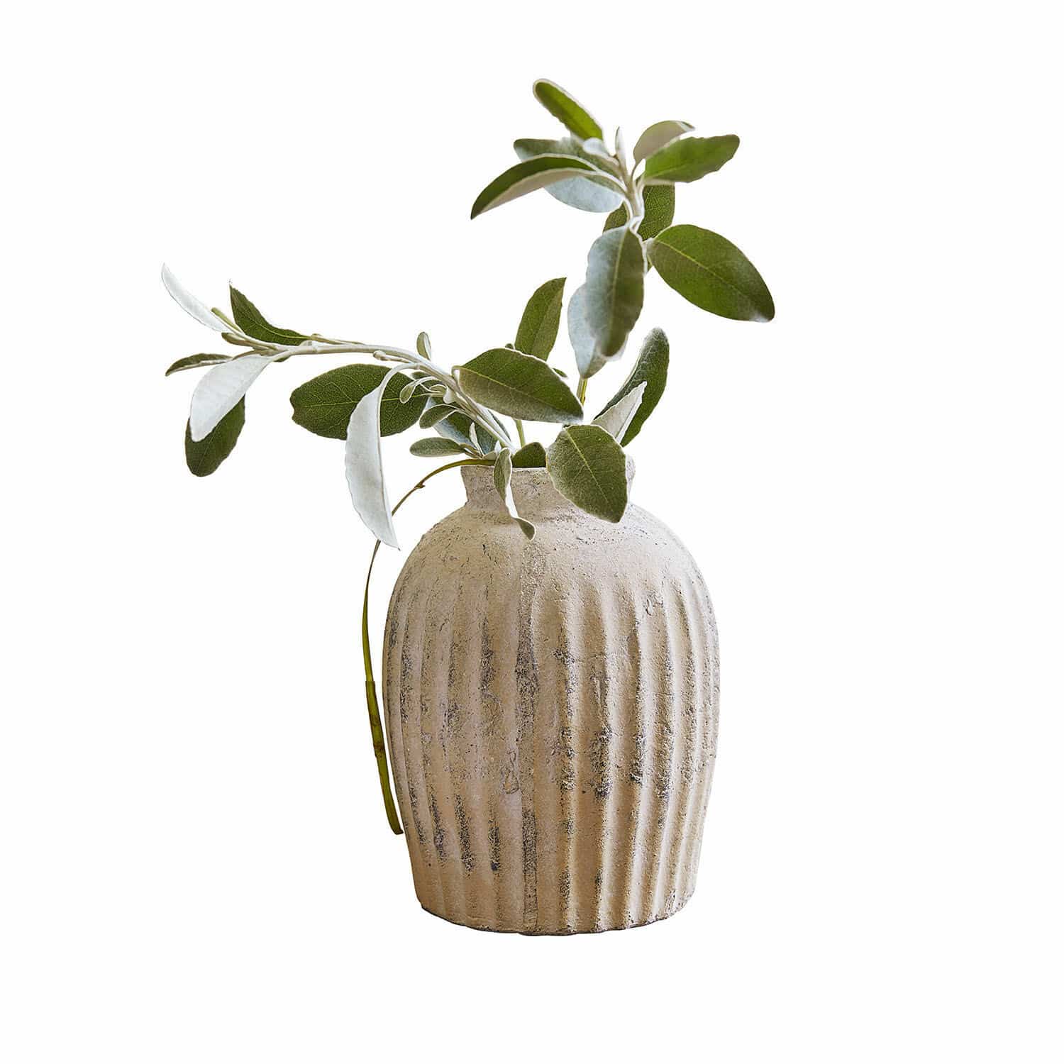 Vase Melissa Beige Keramikvase mit Rillen und grünen Blättern, natürliche Wohnraumdekoration