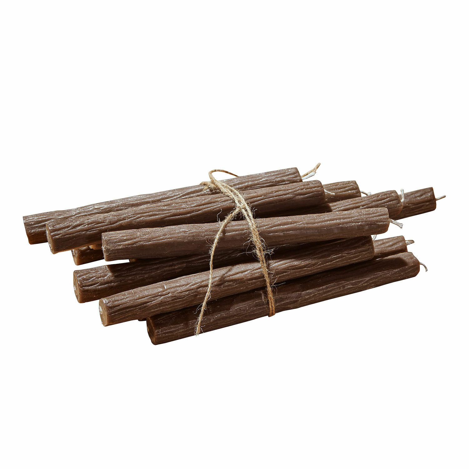 Kerze 12er Set Calviano Set brauner Wachskerzen mit Holzstruktur, zusammengebunden mit Schnur, dekorative rustikale Kerzen