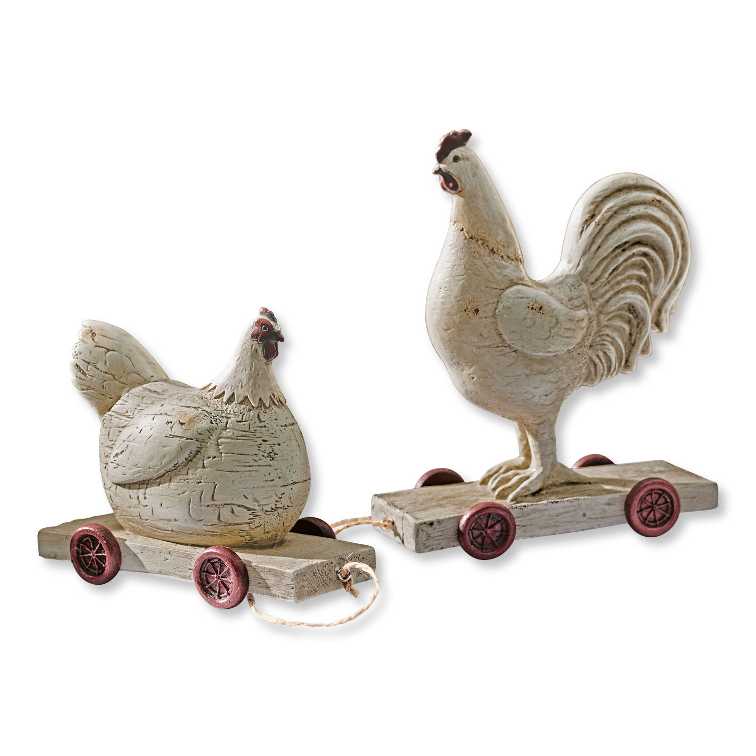 Huhn 2er Set Mesnil Holzdekorationen Hahn und Henne auf Rädern im weissen Used-Look für rustikalen Wohnstil