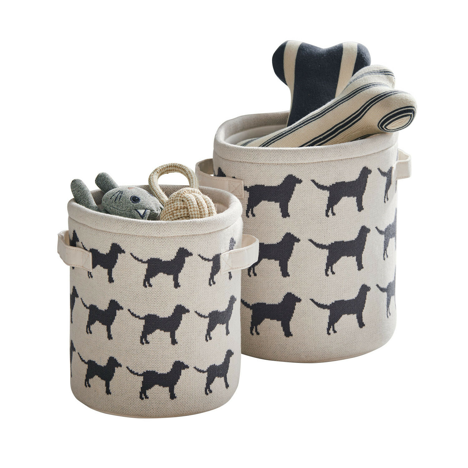 Korb 2er Set Pawelino Beige Baumwollkörbe mit schwarzem Hundemuster, ideal zur Aufbewahrung von Haustierspielzeug