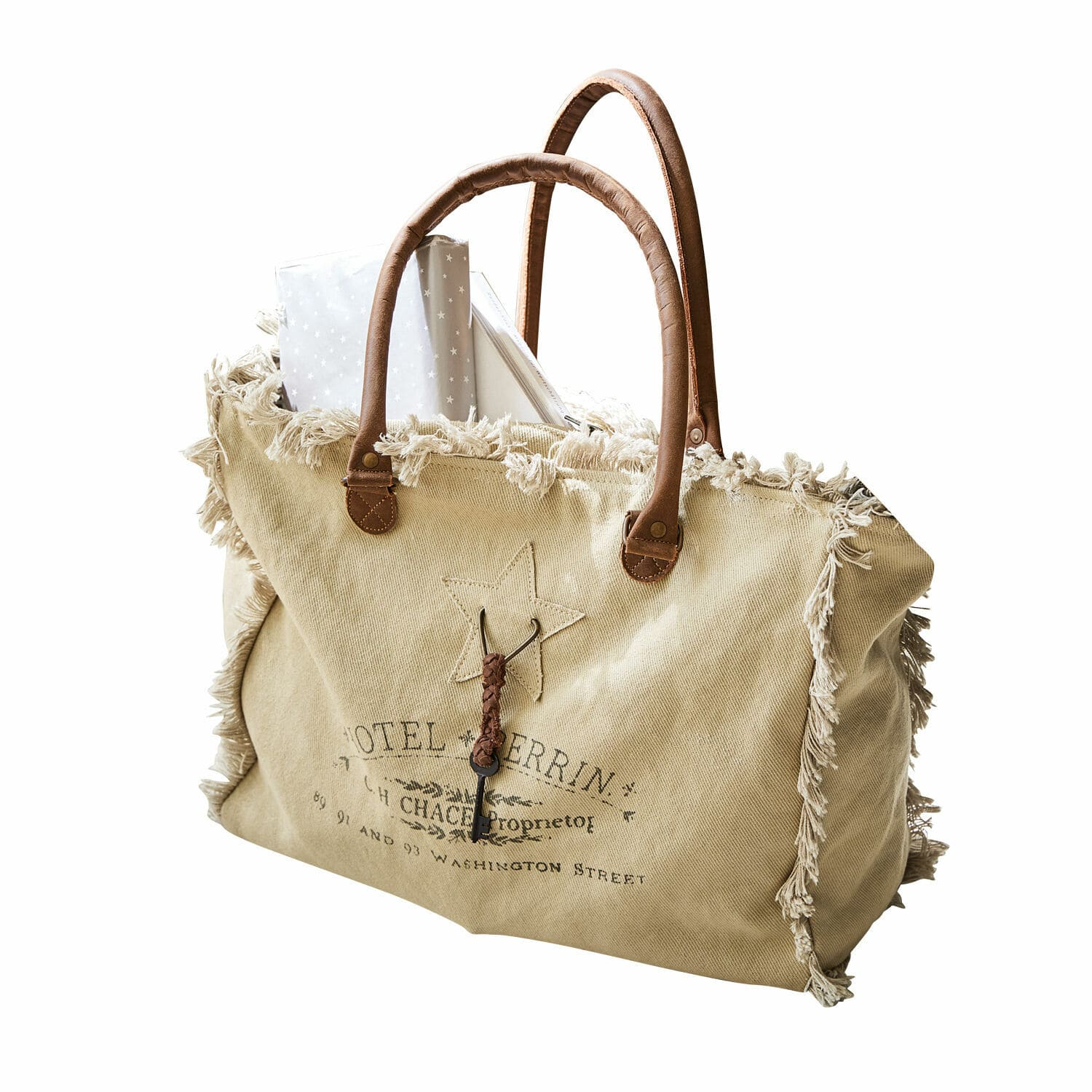Tasche Elora Beige Baumwolltasche mit Fransen und braunen Griffen im Vintage-Stil, praktische Einkaufstasche
