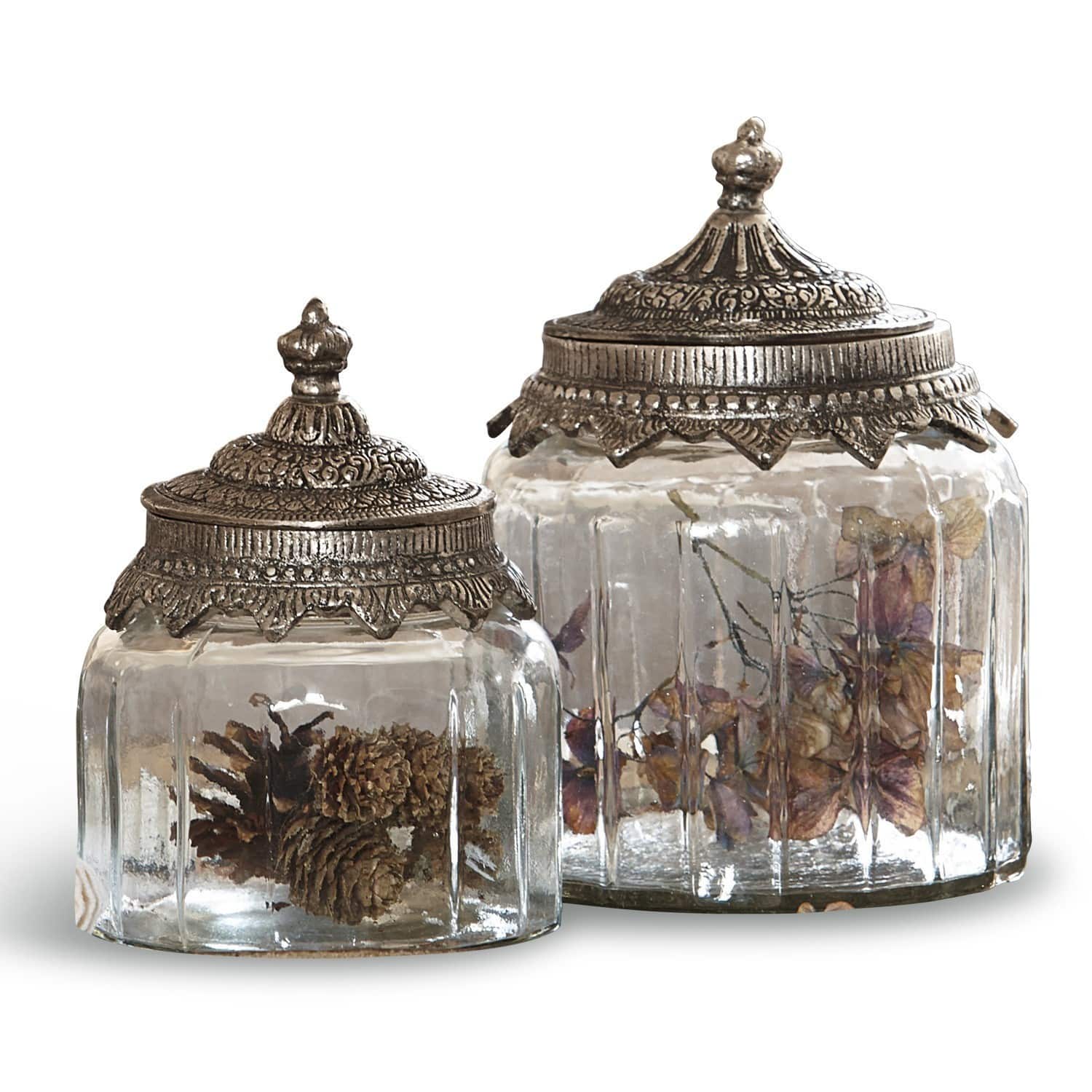Glasdosen 2er Set Laféline Zweiteiliges Set aus Glasbehältern mit verzierten Metalldeckeln im Vintage-Stil