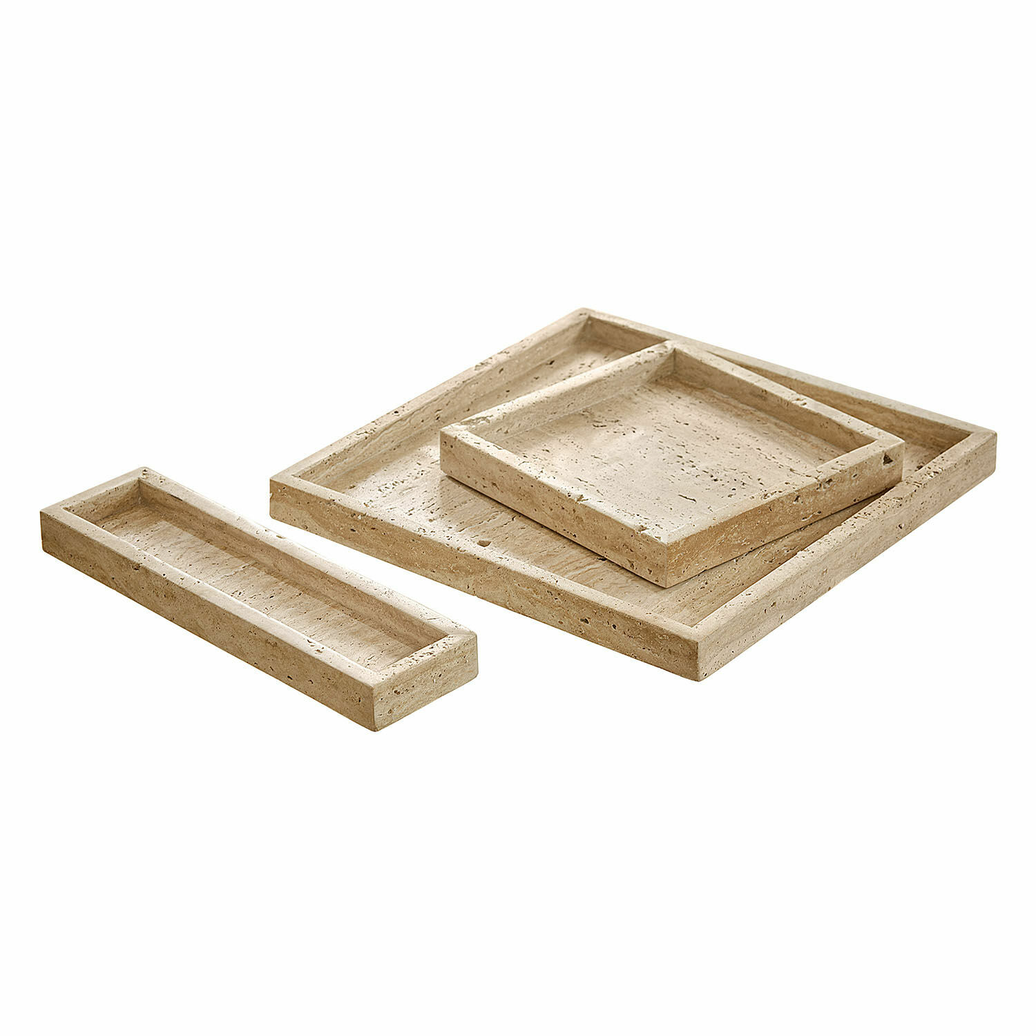 Tablett 3er Set Tavone Set mit drei beigen Travertin-Tabletts zur Aufbewahrung, natürlicher Stein als Wohnaccessoire