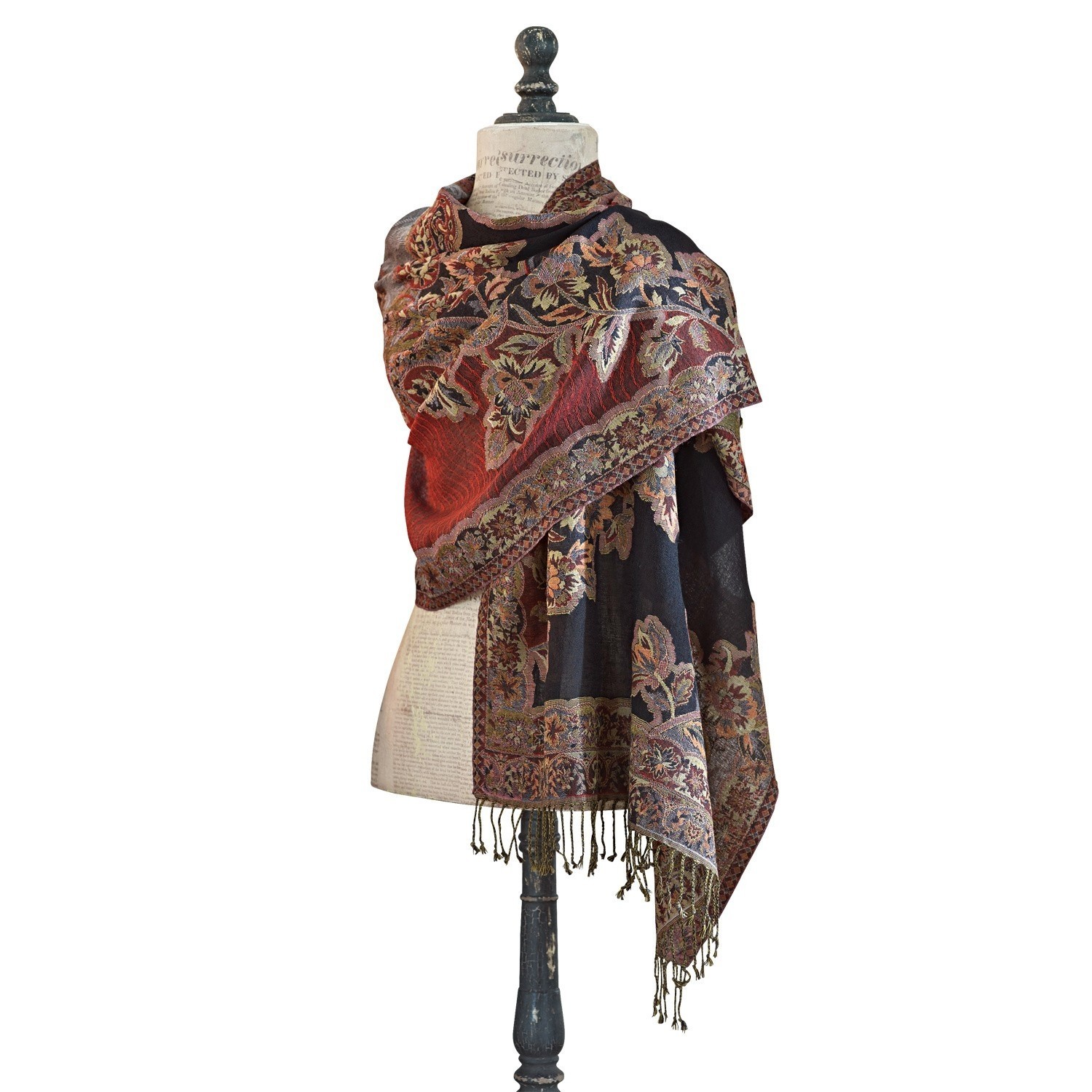 Schal Albon Warmer Schal mit floralem Muster in Rot und Schwarz, Fransen, weiches und dekoratives Material