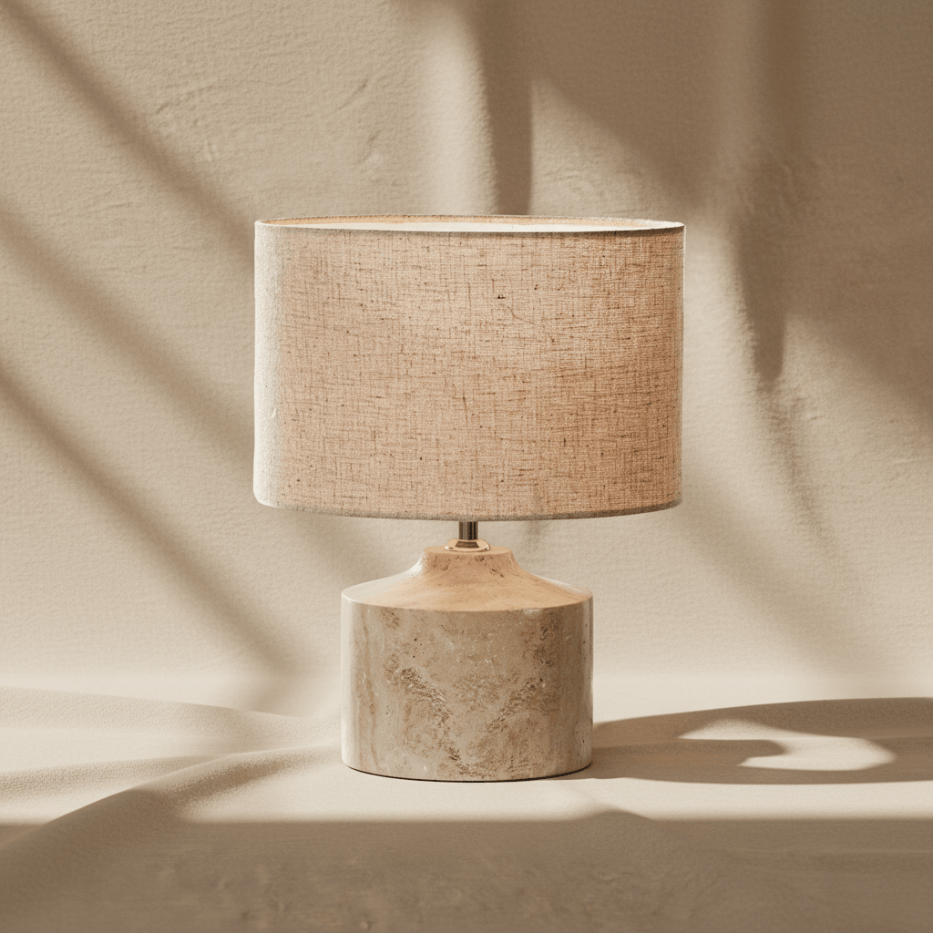 Tischlampe mit beigem Lampenschirm und naturfarbiger Marmorbasis für stilvolle Wohnraumgestaltung