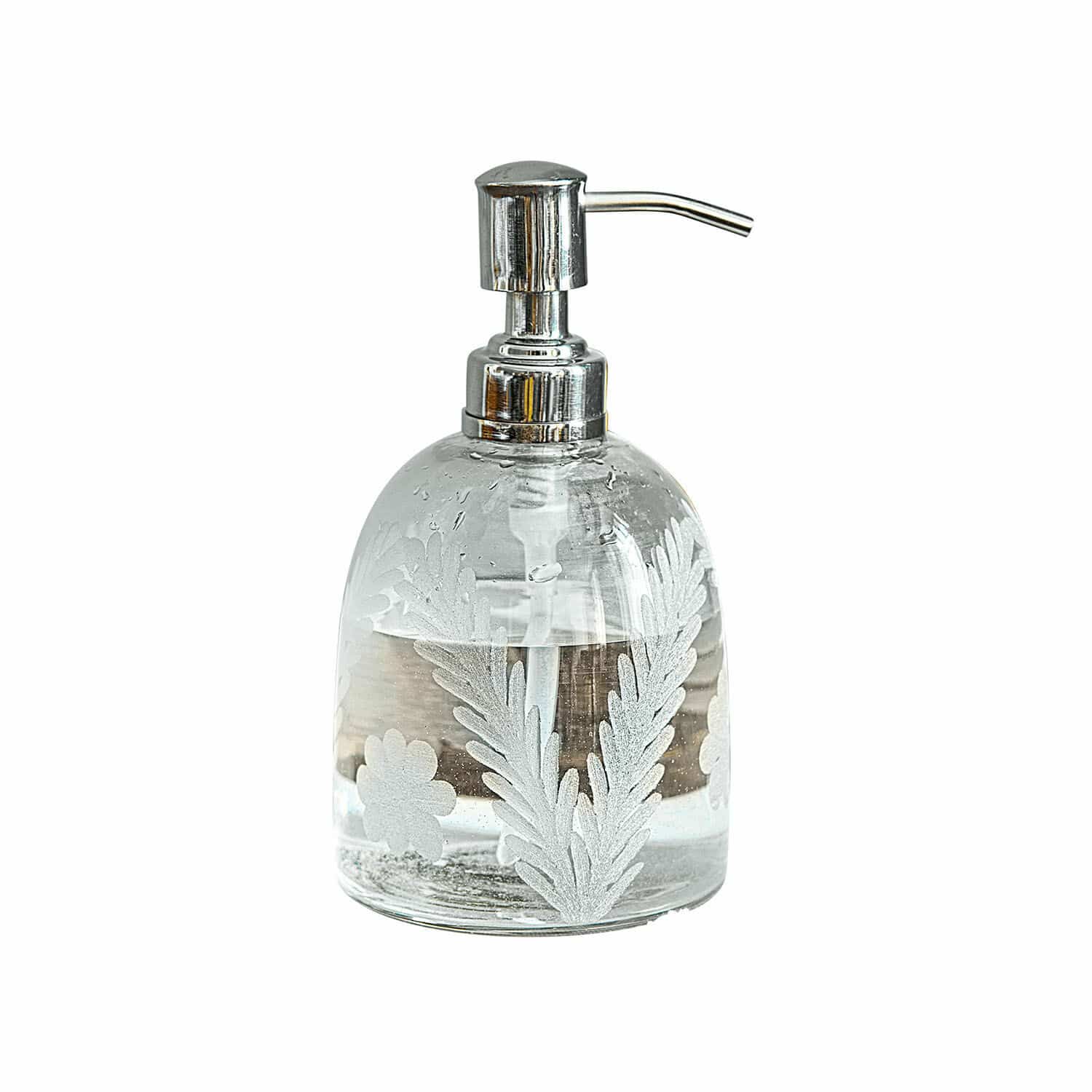 Seifenspender Crystal Transparenter Glas-Seifenspender mit Metallpumpe und floralem Muster für das Badezimmer