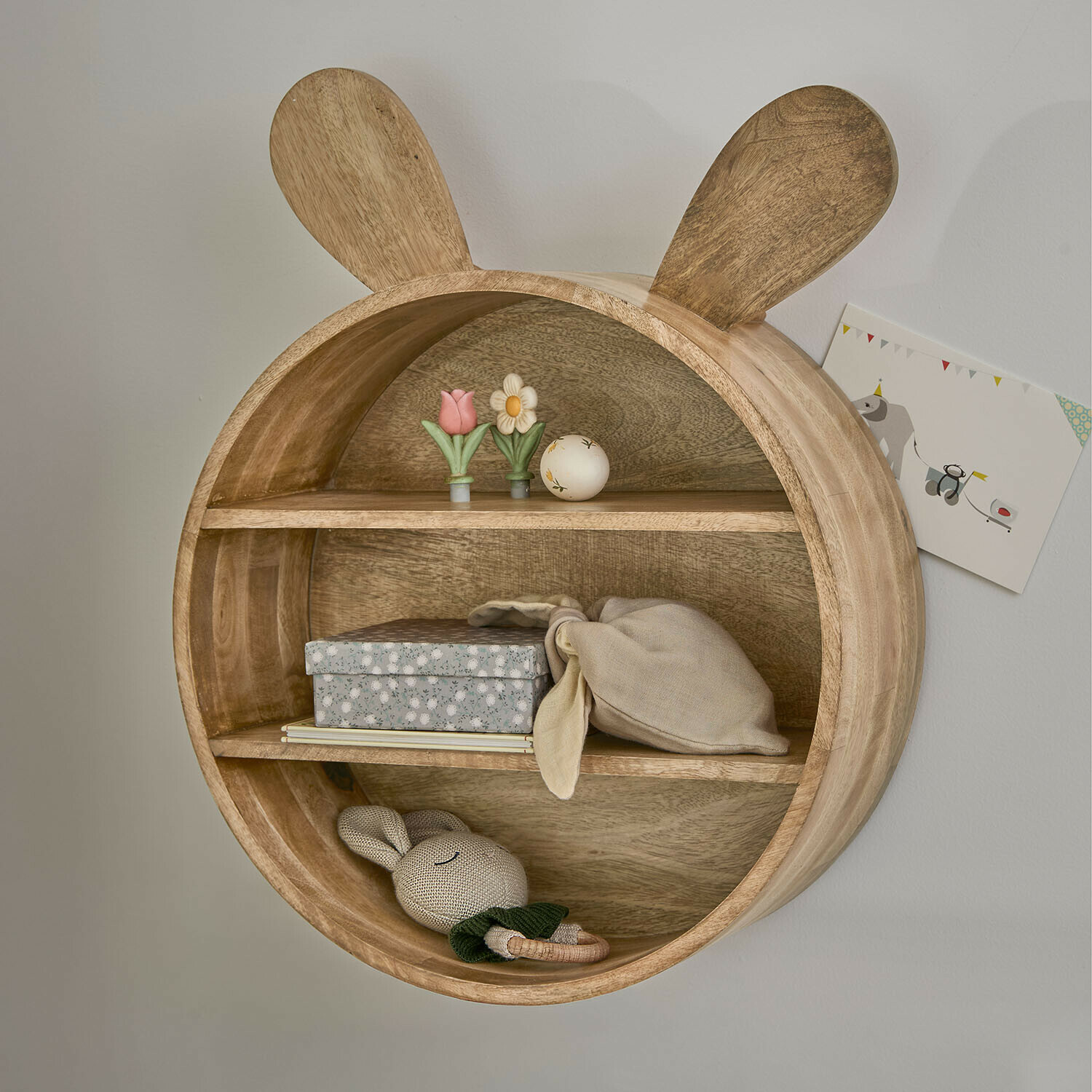 Kinderwandregal Papillonette Rundes Holz-Wandregal mit Hasenohren, naturfarben, dekoratives Möbel fürs Kinderzimmer