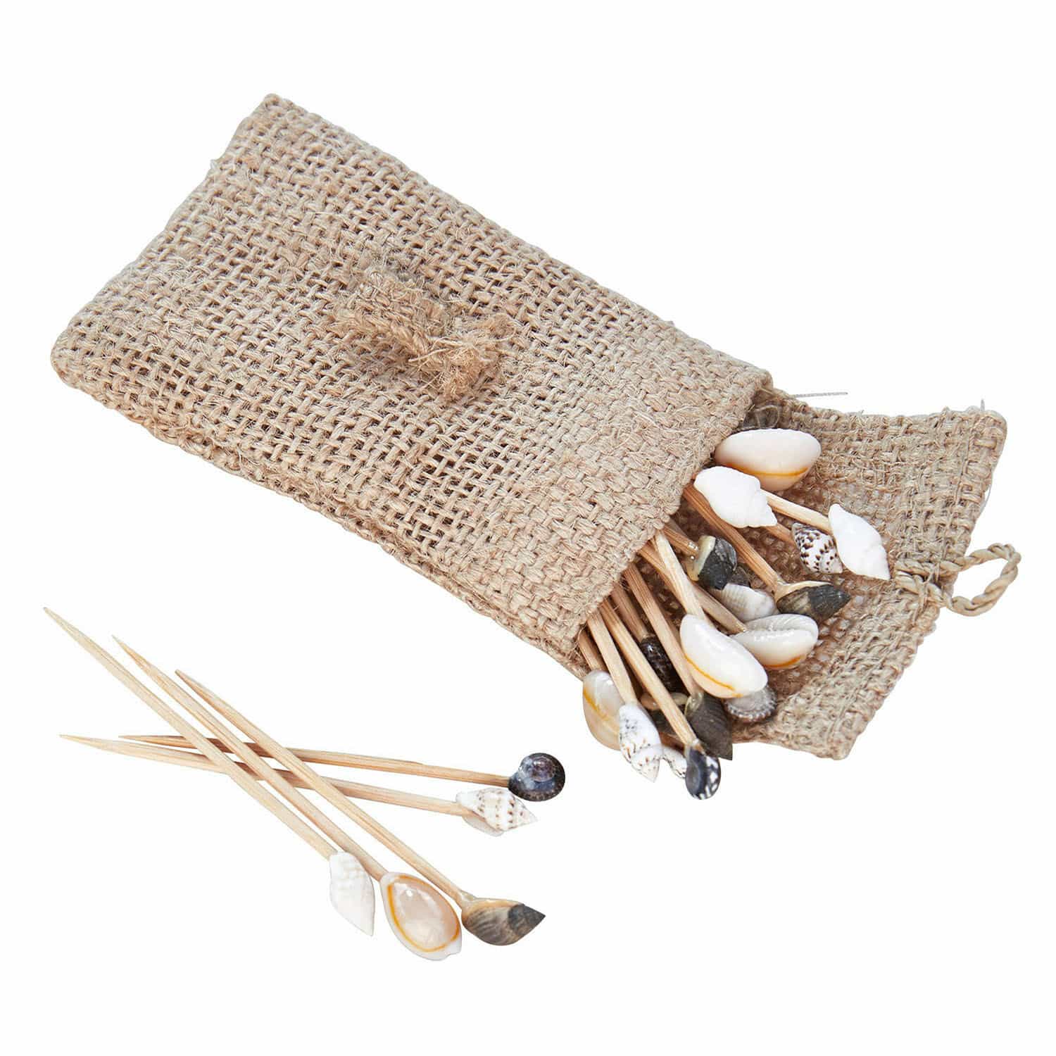 Muschelsticker Bijou Set aus Holzspiessen mit natürlichen Muscheln im Jutebeutel für Tischdekoration