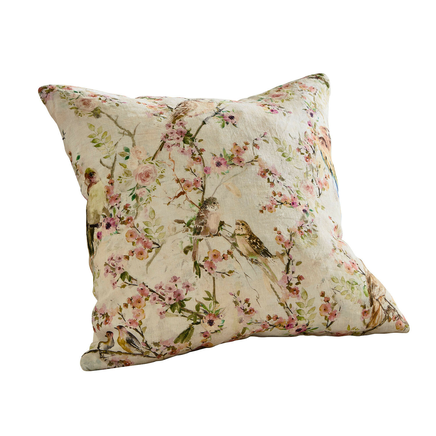 Kissenhülle Florémont Dekoratives Leinenkissen in Creme mit Vogel- und Blumenmuster, rustikaler Stil