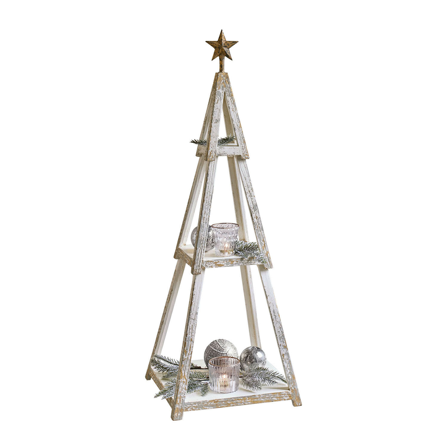Dekobaum Myrnara Weiss gewaschene Holz-Weihnachtsdekoration in Tannenbaumform mit goldener Sternspitze und Dekoration