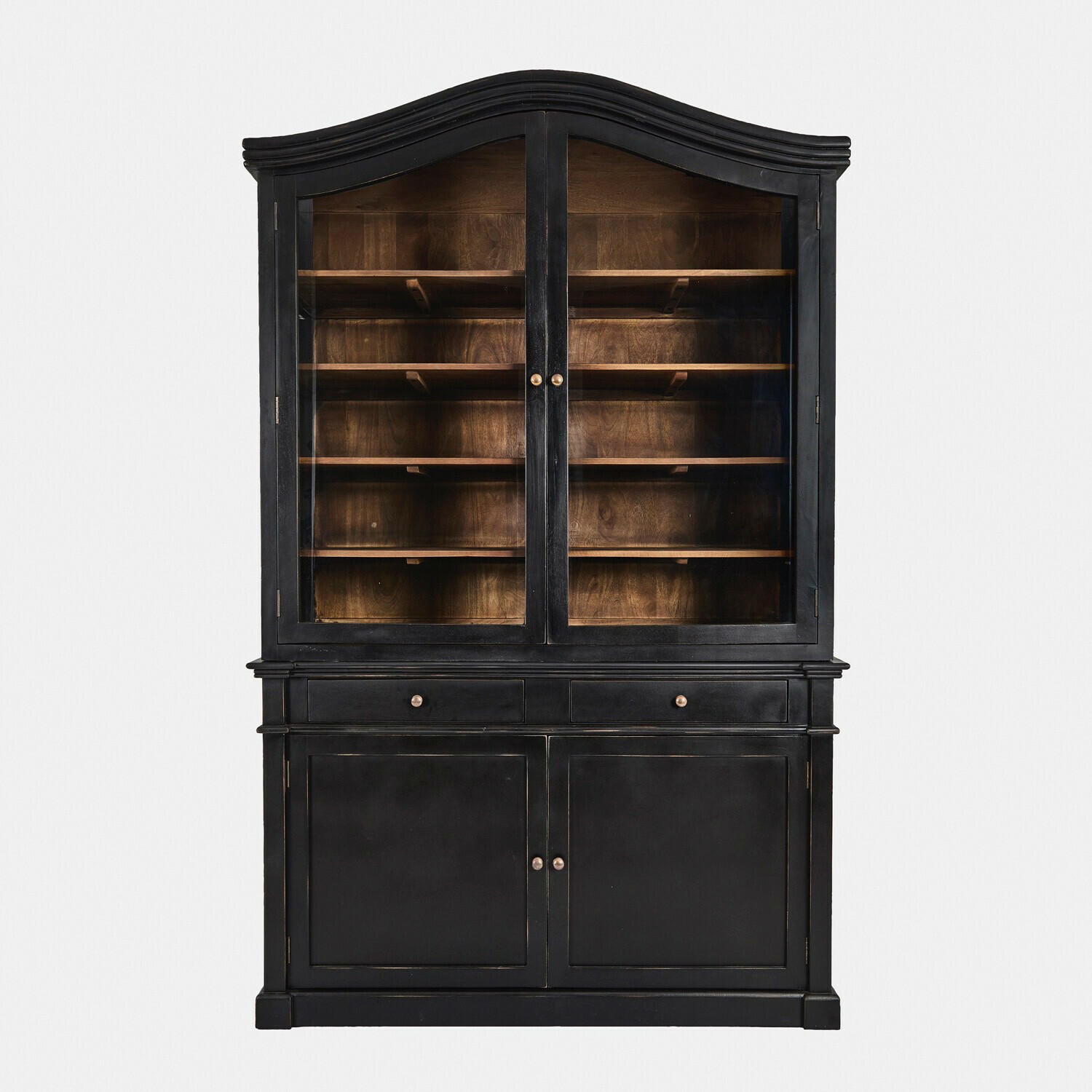 Schrank Westridge Schwarzer Holzvitrinenschrank mit Glastüren und Regalen, klassisches Wohnzimmermöbel